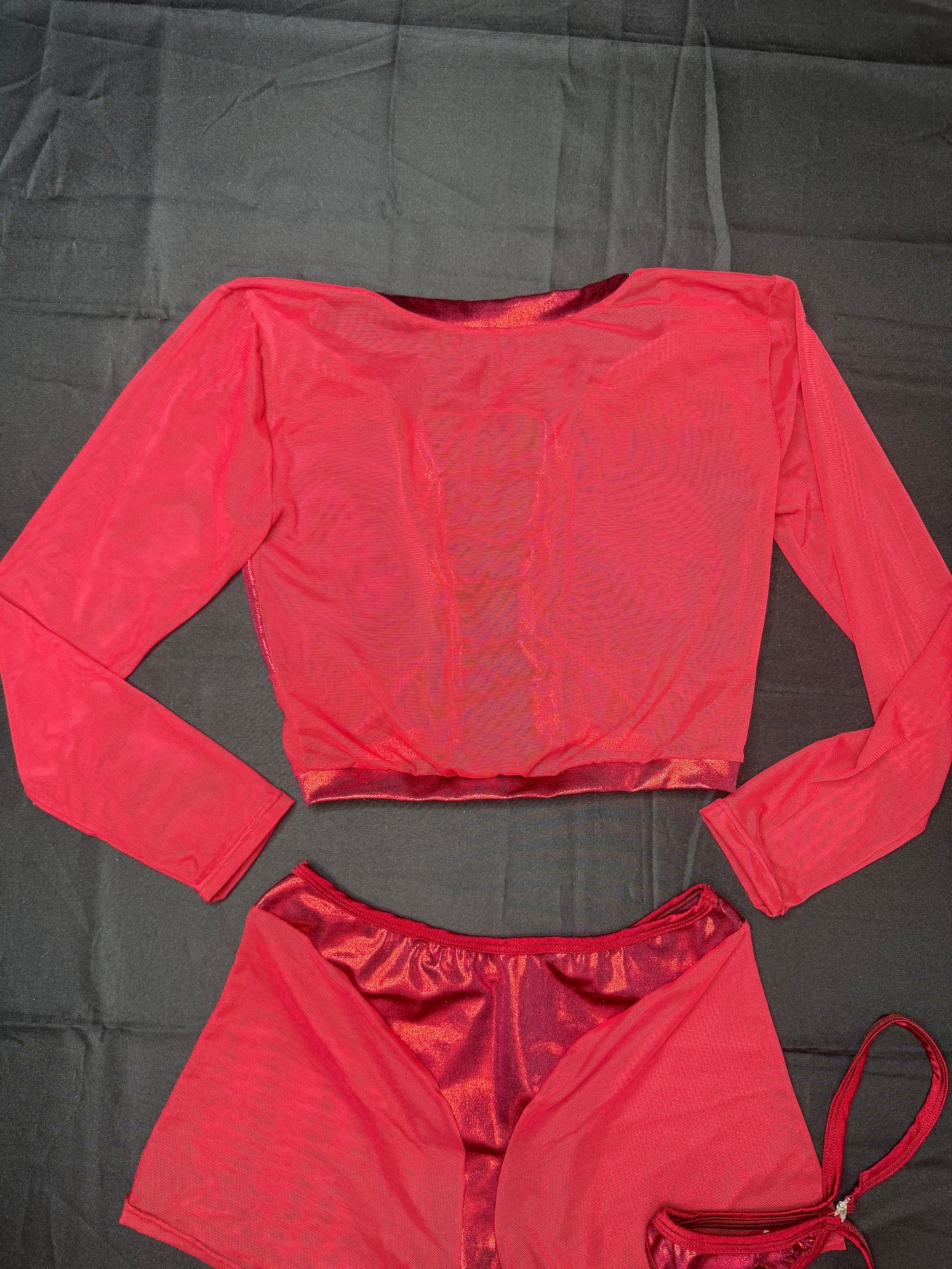 Metallic Burgundy Spandex/Burgundy Mesh Long Sleeve/Shorts Two-Piece Lingerie Outfit