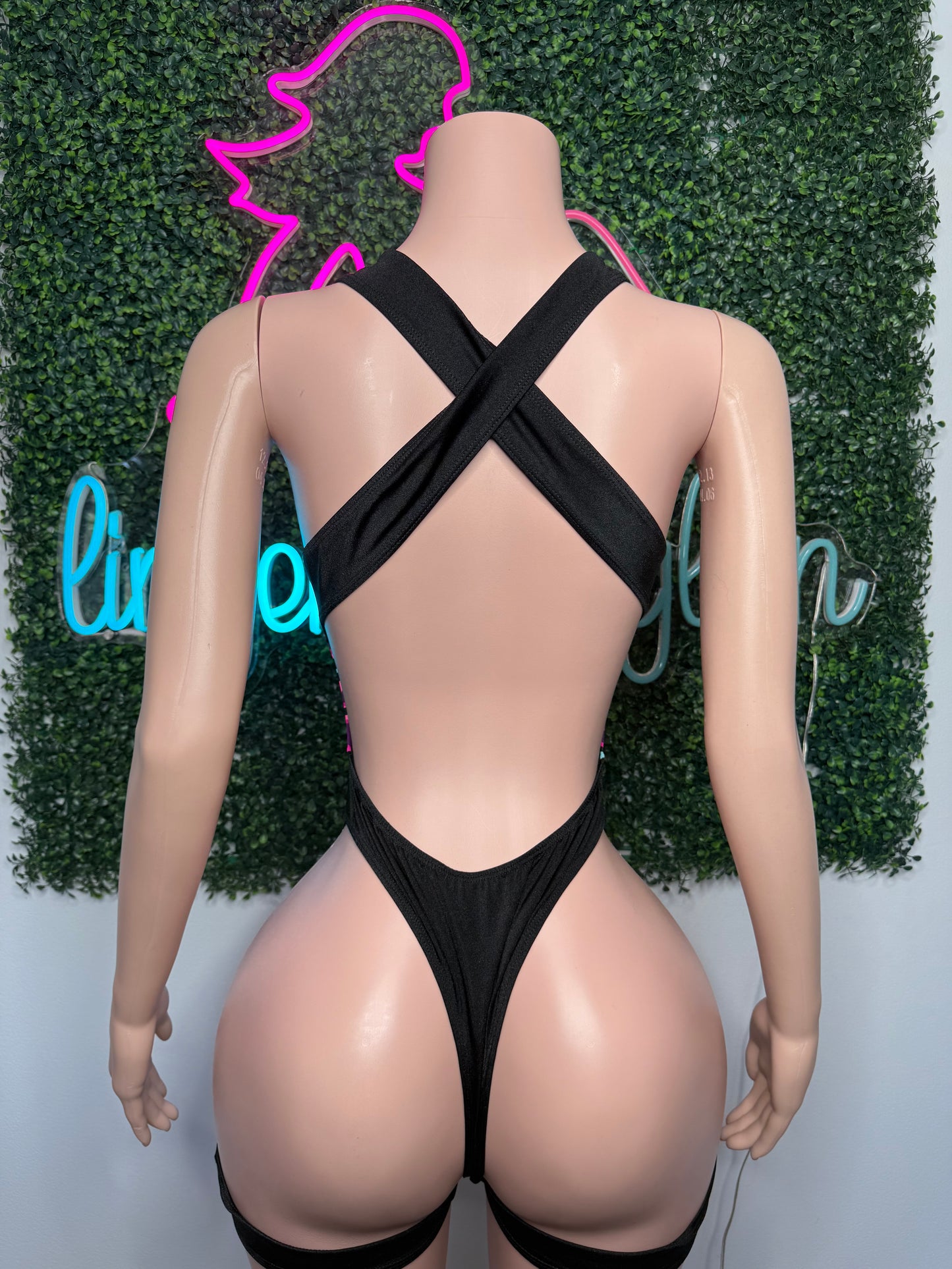 Purple Fishnet/Cosmic/Black Spandex One-Piece Romper Lingerie Outfit