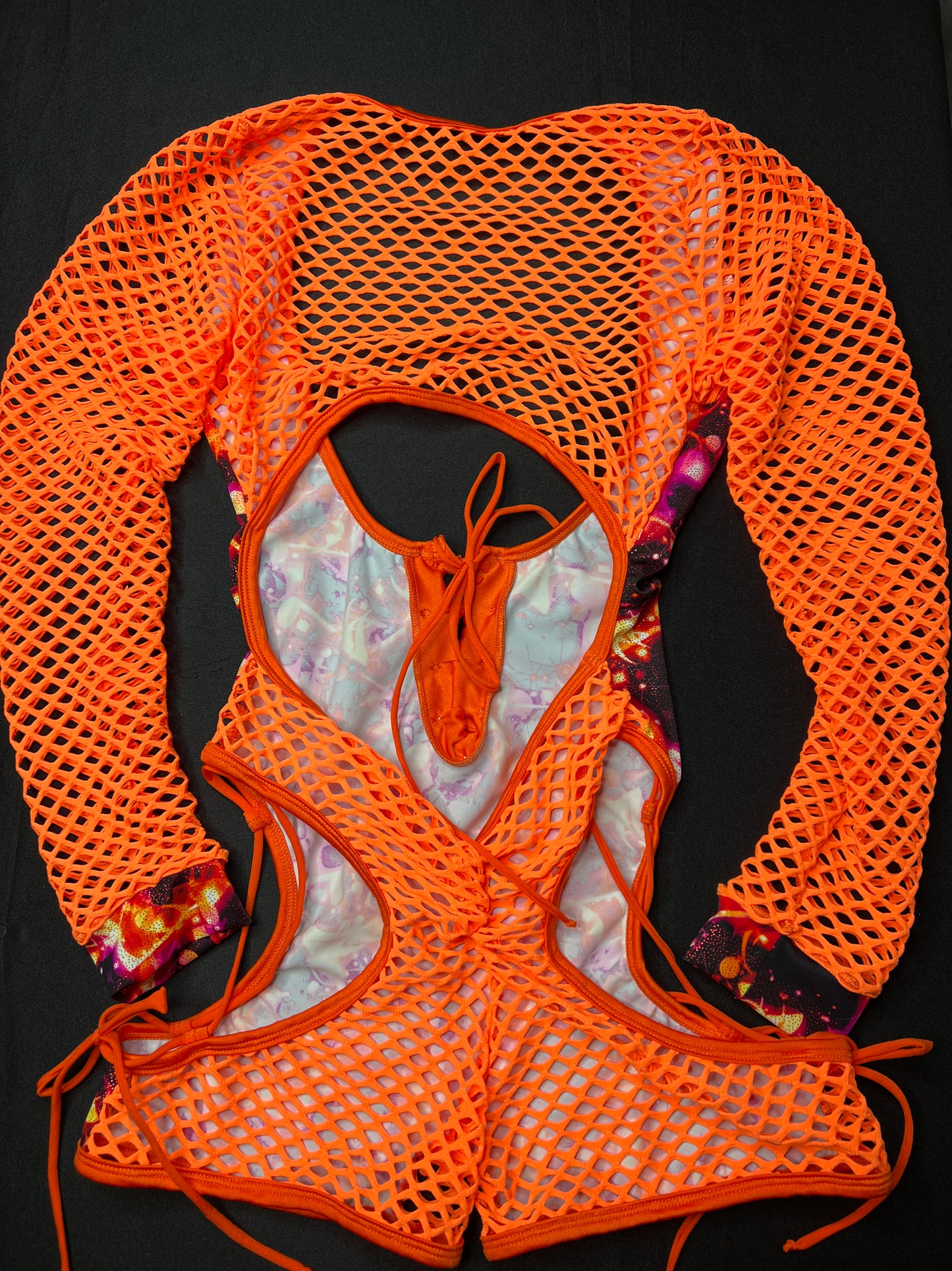 Star Print/Orange Spandex Fishnet Romper Bikini Top One-Piece Lingerie Outfit