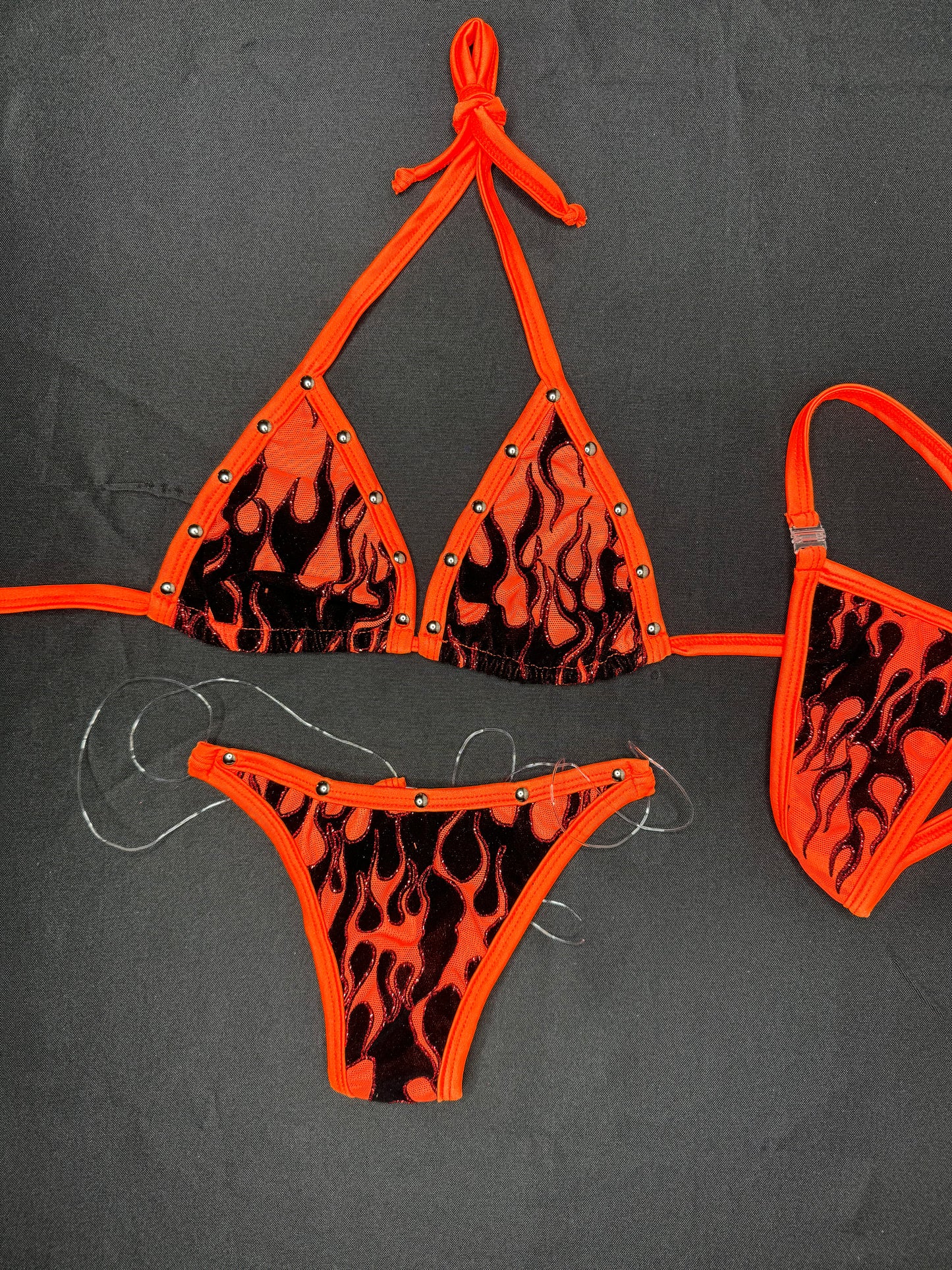 Red Flame Glitter Mesh Bikini Two-Piece Lingerie Outfit