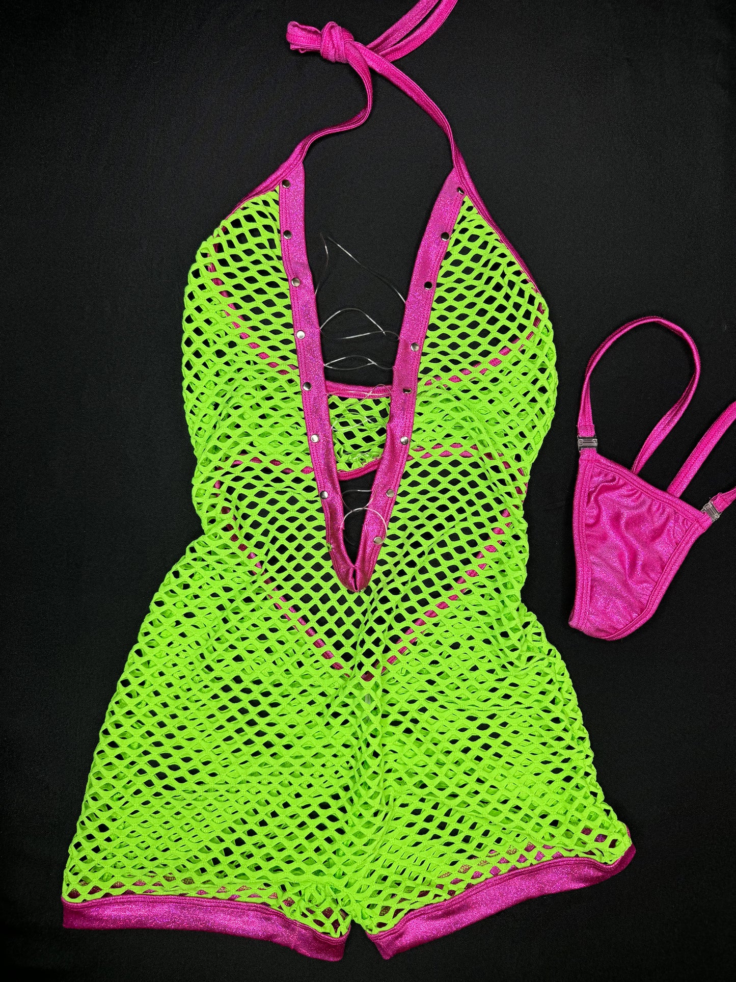 Neon/Pink One-Piece Fishnet Lingerie Outfit