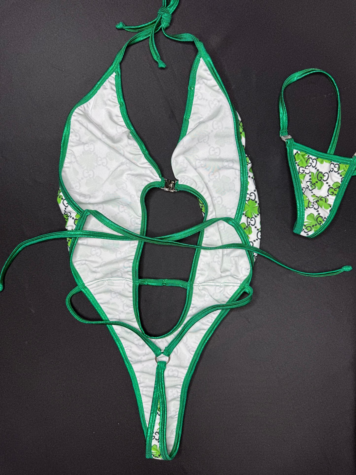 Green/White Designer Spandex/Metallic Kelly Green Trim One-Piece Lingerie Outfit