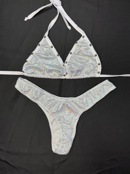 Silver/White Spandex Three-Piece Bikini/Shorts/Cheeky Thong Lingerie Outfit