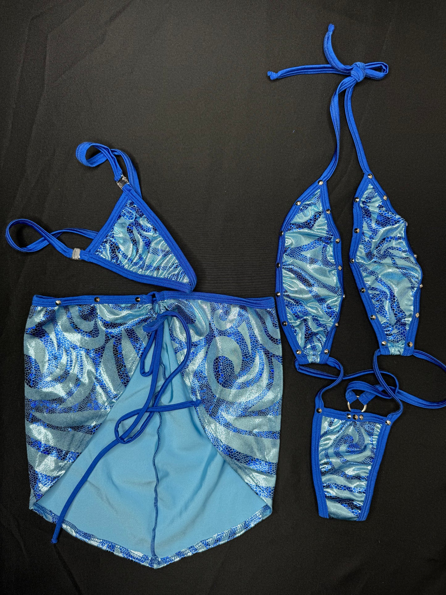 Royal Blue/Baby Blue Three-Piece Slingshot/Skirt Lingerie Outfit