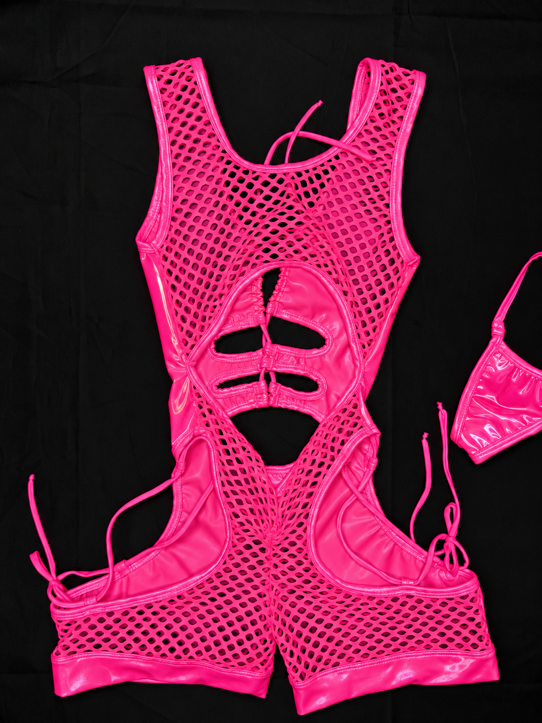 Hot Pink Vinyl/Fishnet Spandex Romper Lingerie Outfit