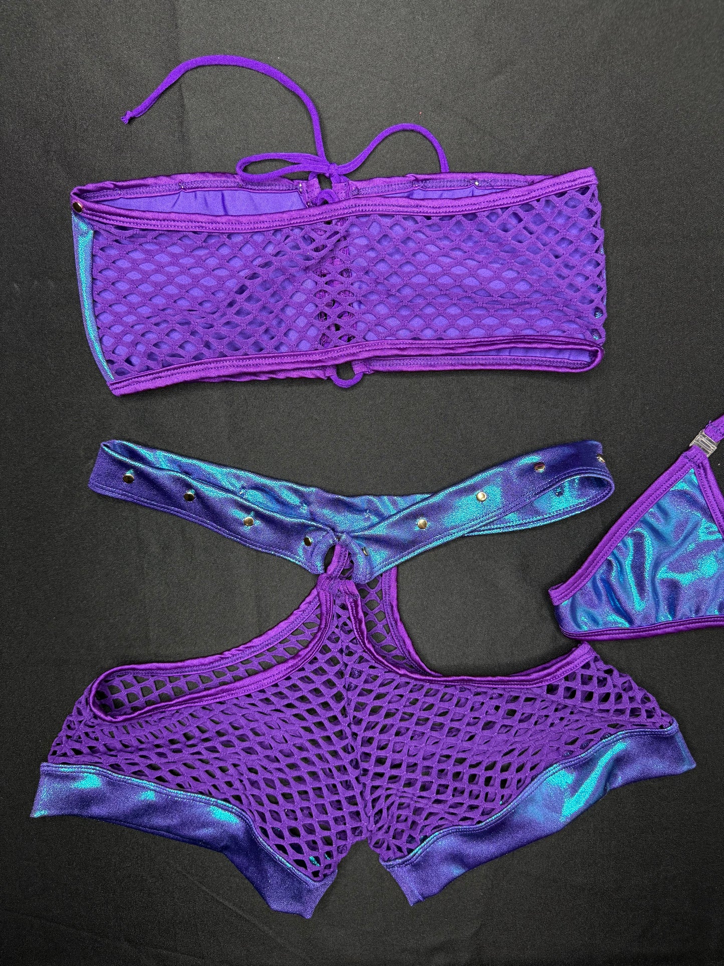 Metallic Purple/Purple Fishnet Spandex Tube Top/Shorts Two-Piece Lingerie Outfit