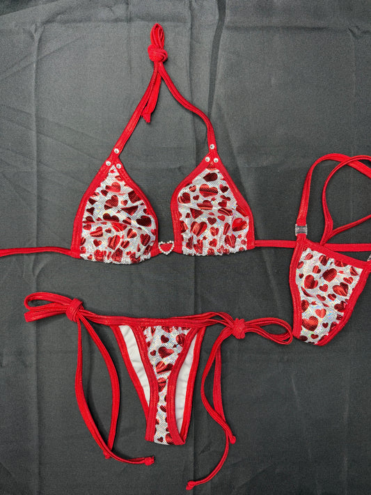 Red Hearts Spandex Two-Piece Bikini Lingerie Outfit