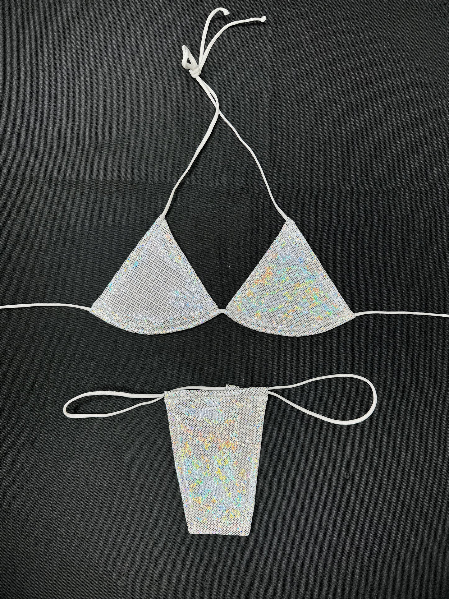 White/Silver Two-Piece Micro Bikini Lingerie Outfit