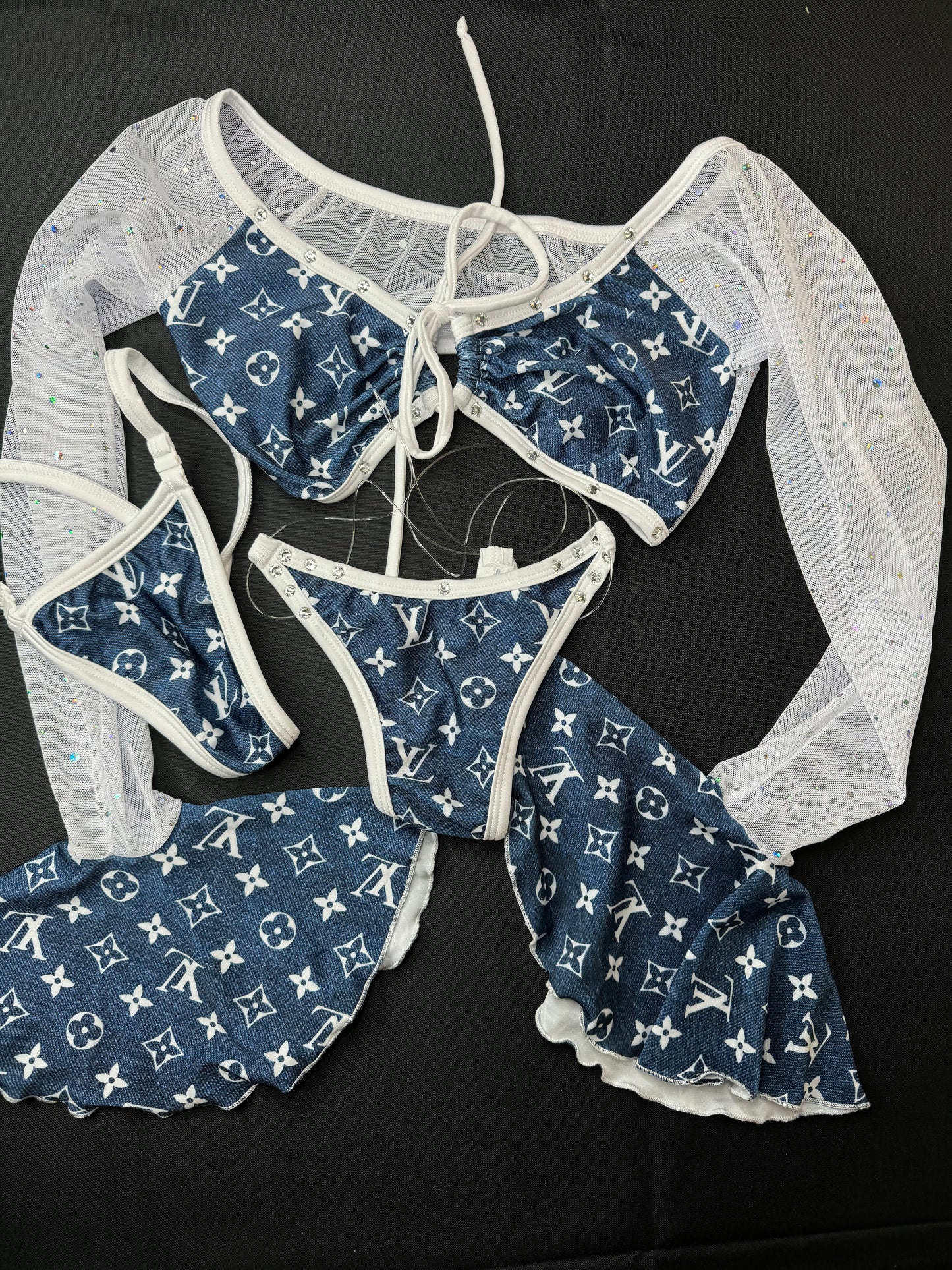 Denim Print/White Mesh Stripper Outfit