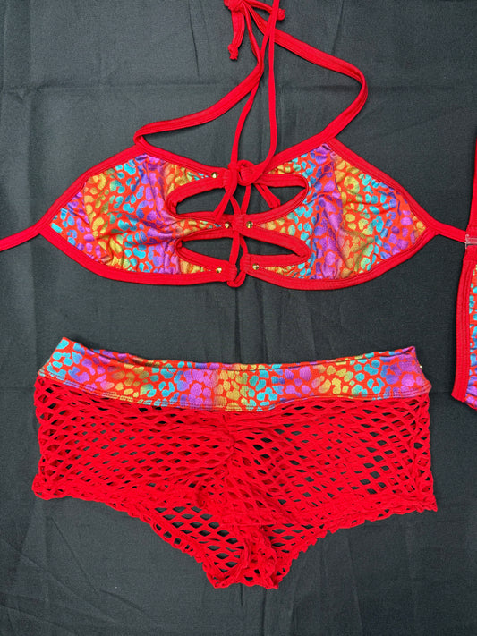 Rainbow Animal Print/Red Spandex Two-Piece Lingerie Outfit