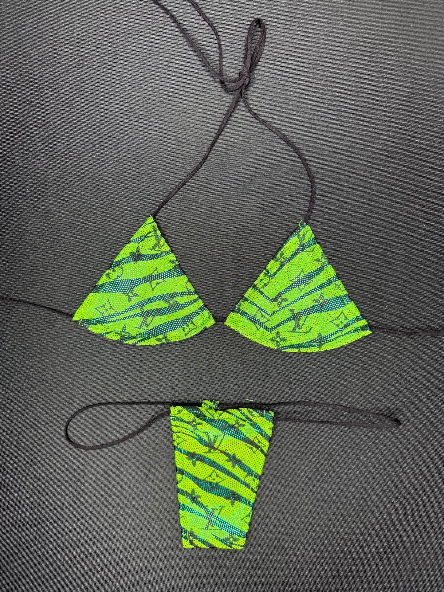 Neon Green Tiger Print Designer Spandex Two-Piece Micro Bikini Lingerie Outfit