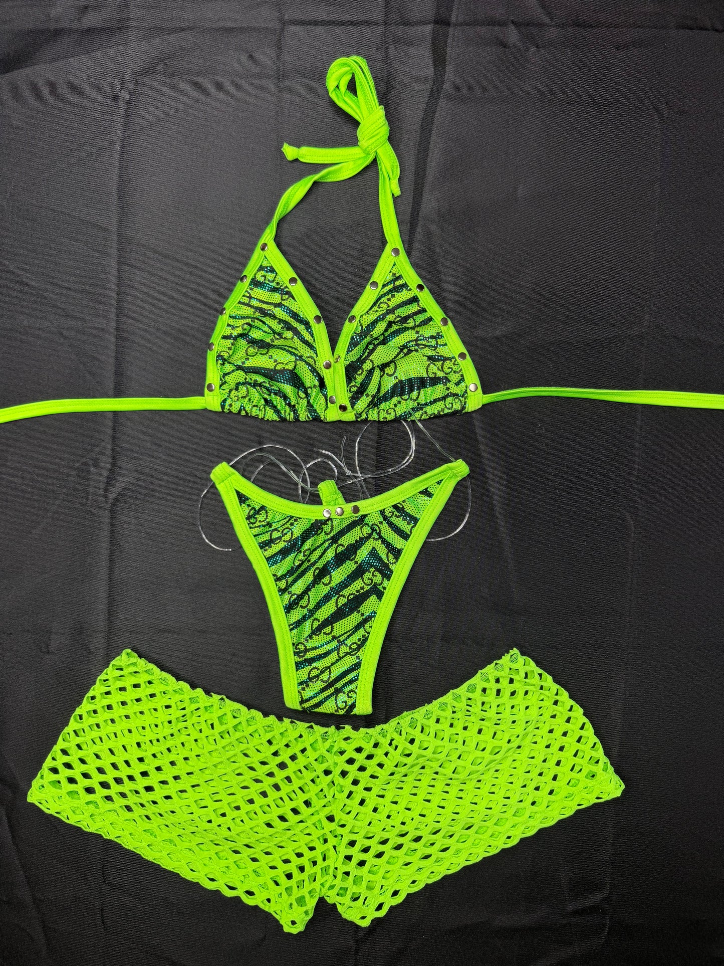 Neon Green Tiger Print Bikini/Fishnet Shorts Three-Piece Lingerie Outfit