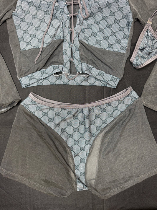 Grey Mesh/Baby Blue Designer Spandex Two-Piece Lingerie Outfit