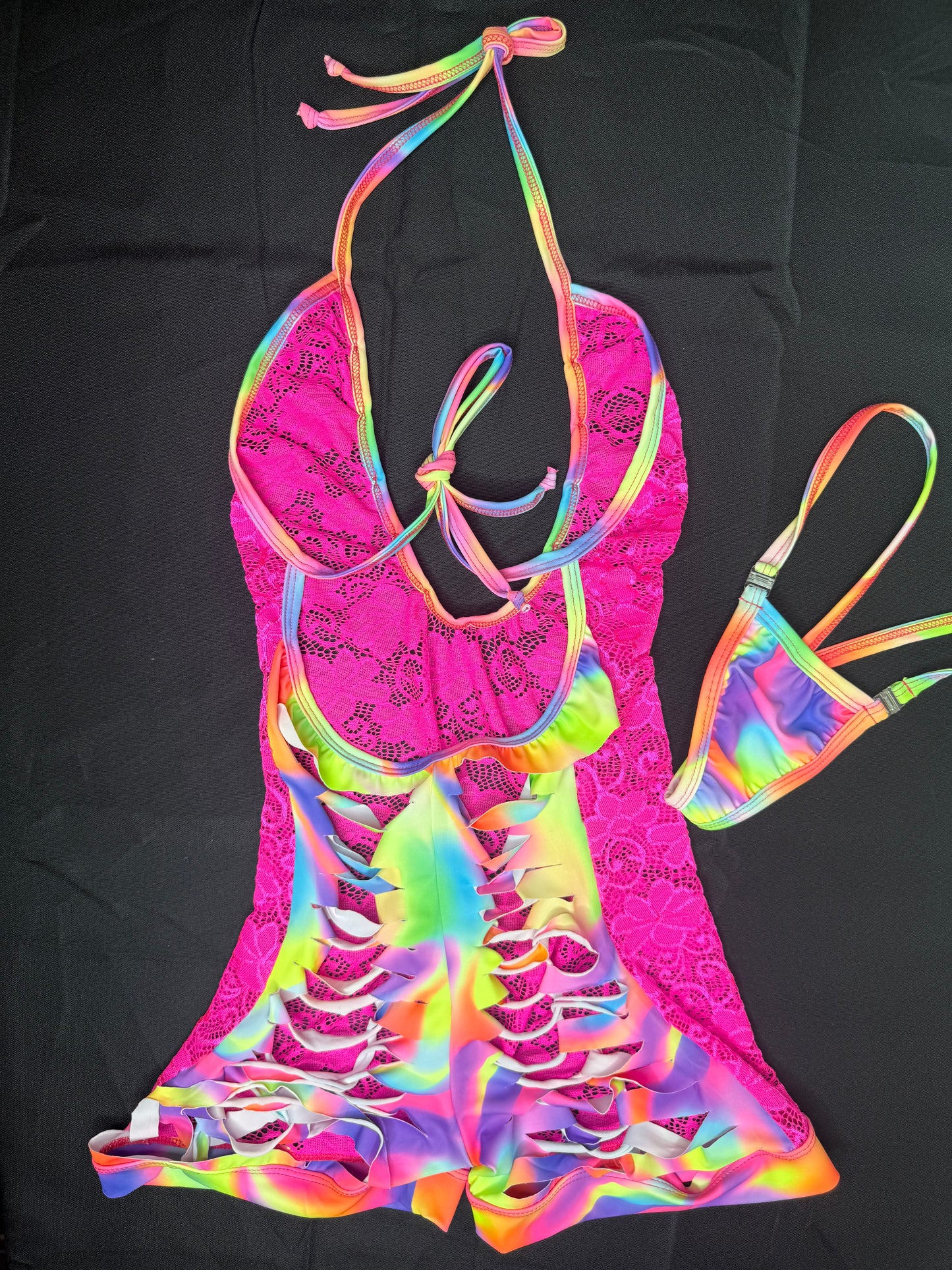 Hot Pink Lace/Rainbow Spandex Ripped Back One-Piece Lingerie Outfit