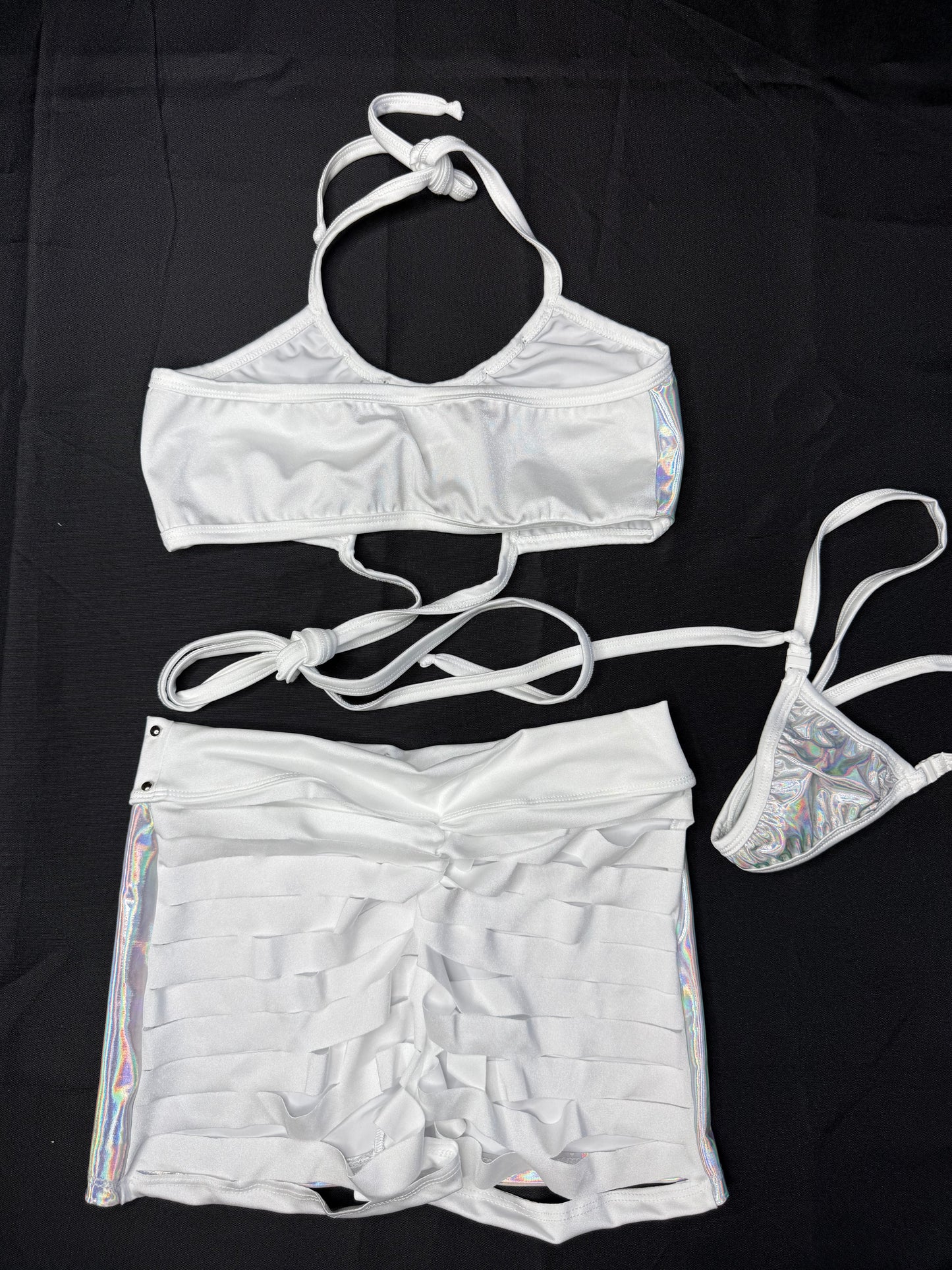 Chrome/White Spandex Ripped Shorts Sports Bra Top Lingerie Outfit