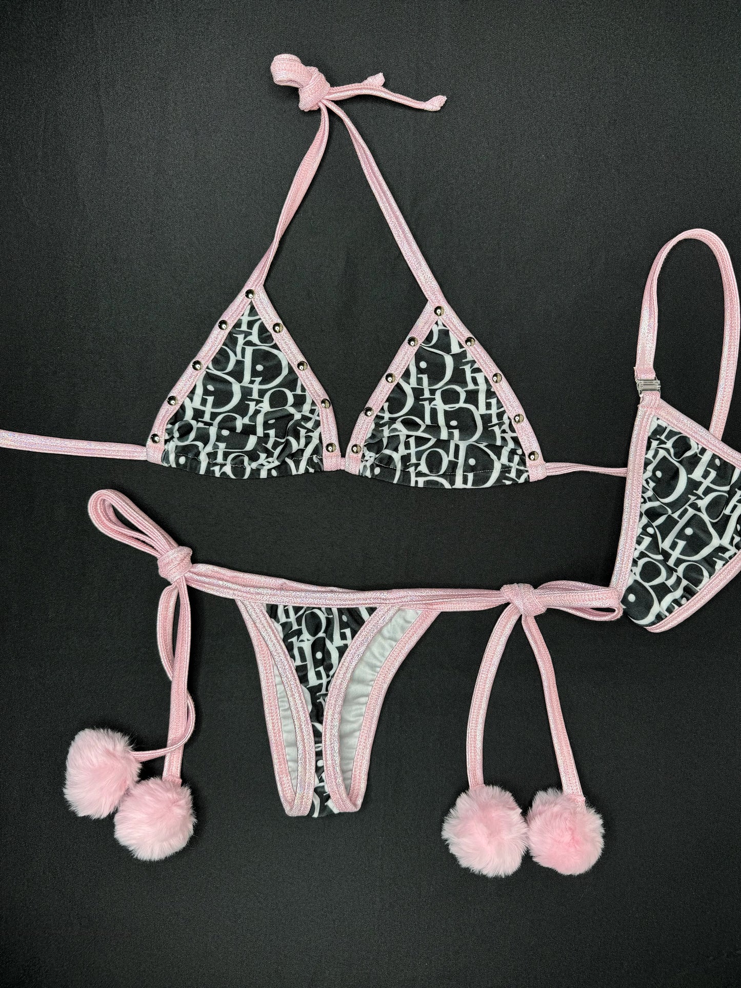 Mystic Baby Pink/Black Designer Two-Piece Side-Tie Bikini Lingerie Outfit
