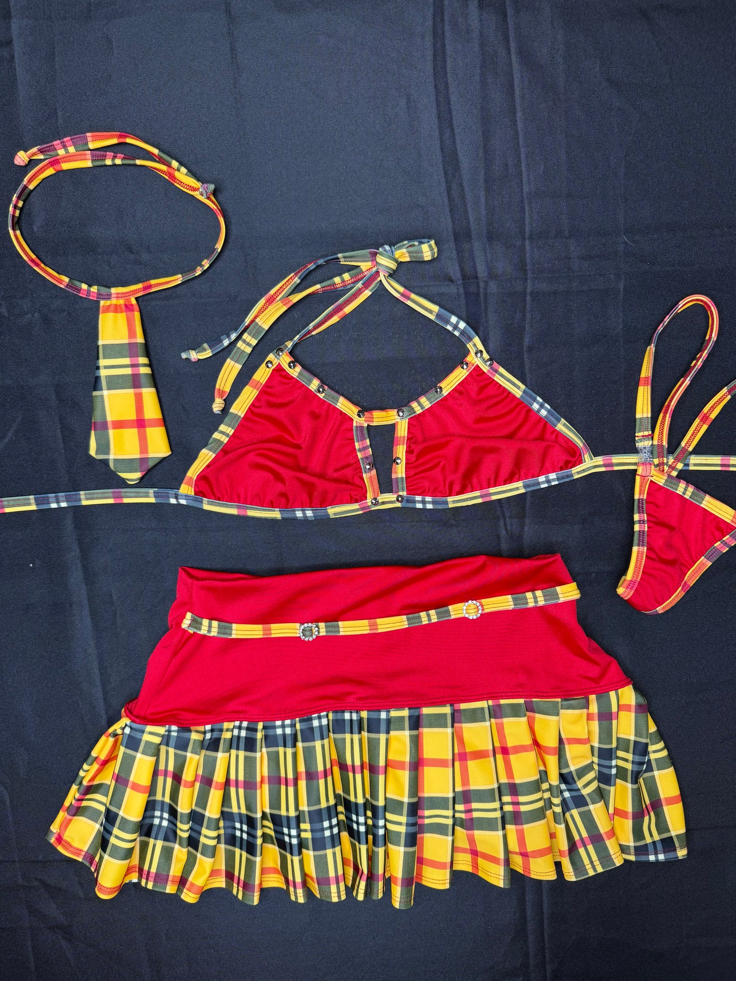 Red/Yellow Plaid Spandex Bikini Top Skirt with Tie Lingerie Outfit