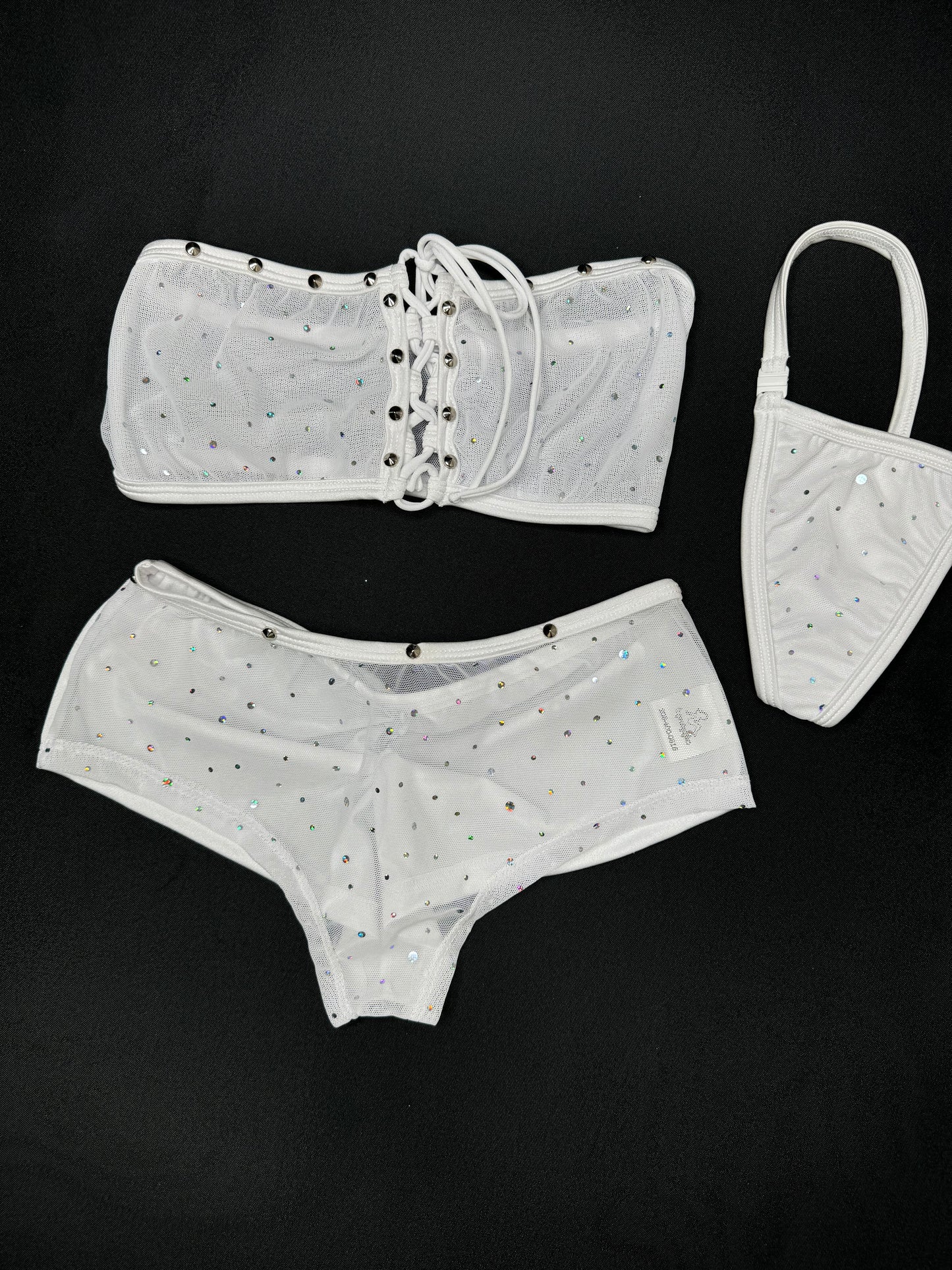 White Sparkle Mesh/White Spandex Two-Piece Tube Top/Shorts Lingerie Outfit