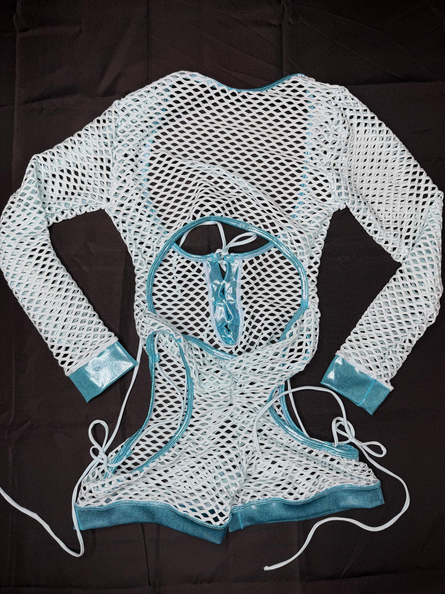 Baby Blue Spandex/Fishnet Romper Long Sleeve Lingerie Outfit