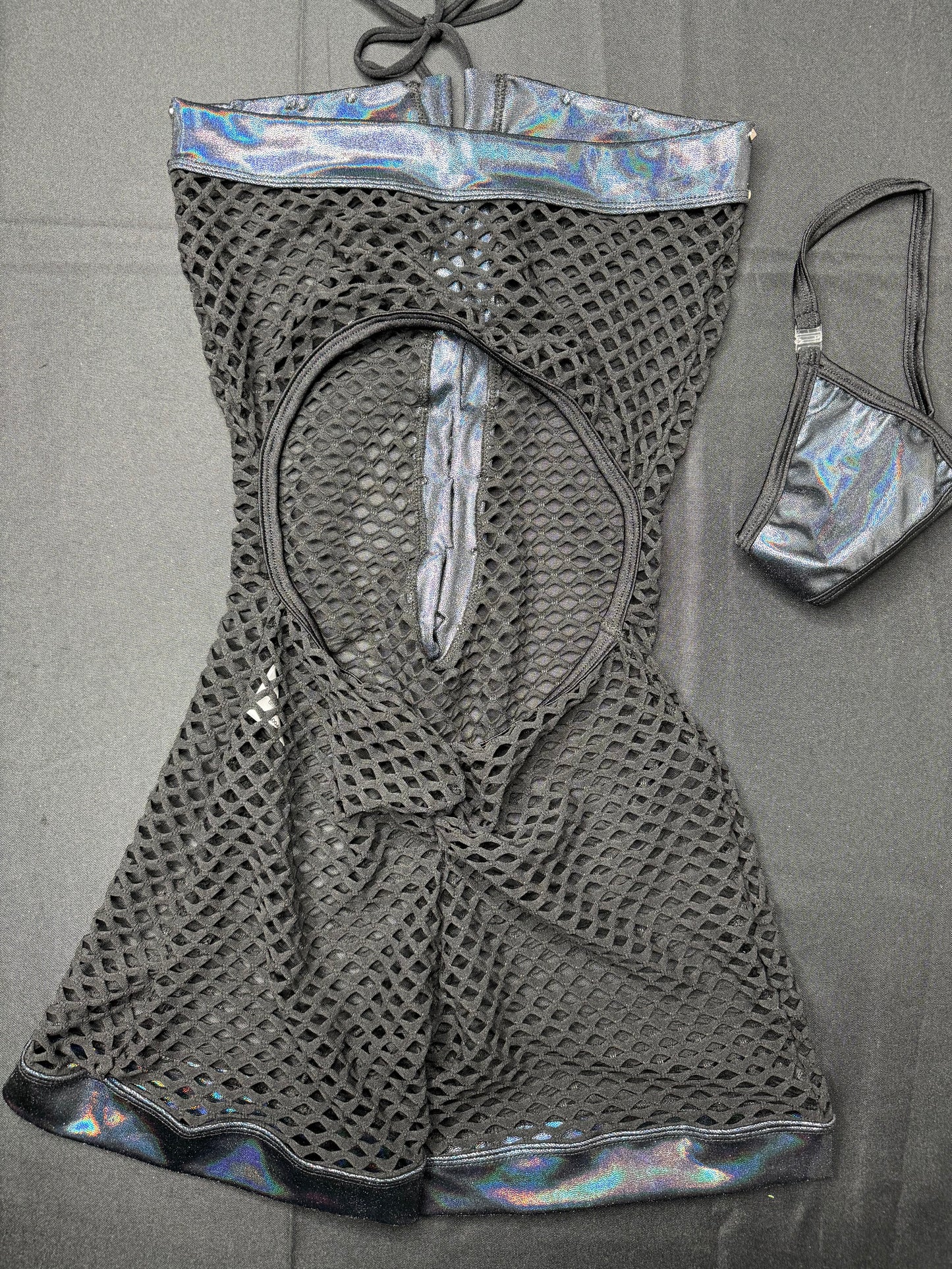 Metallic Black/Black Fishnet One-Piece Exotic Dancer Outfit