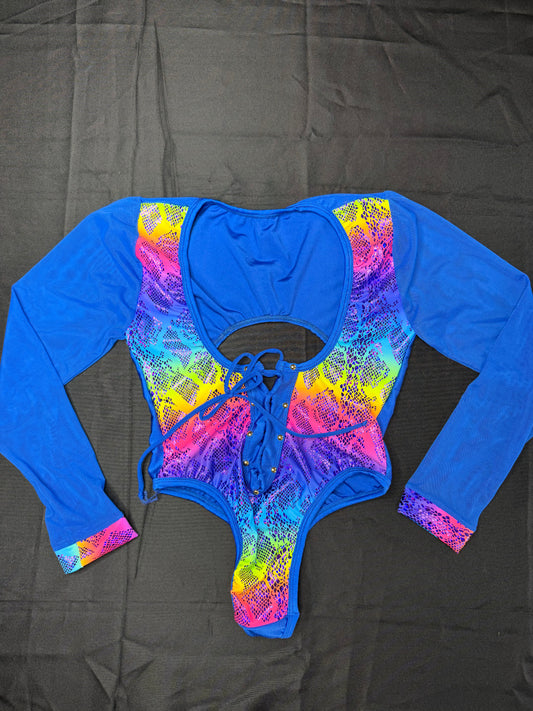 Rainbow Spandex/Royal Blue Mesh Leotard Lingerie Outfit