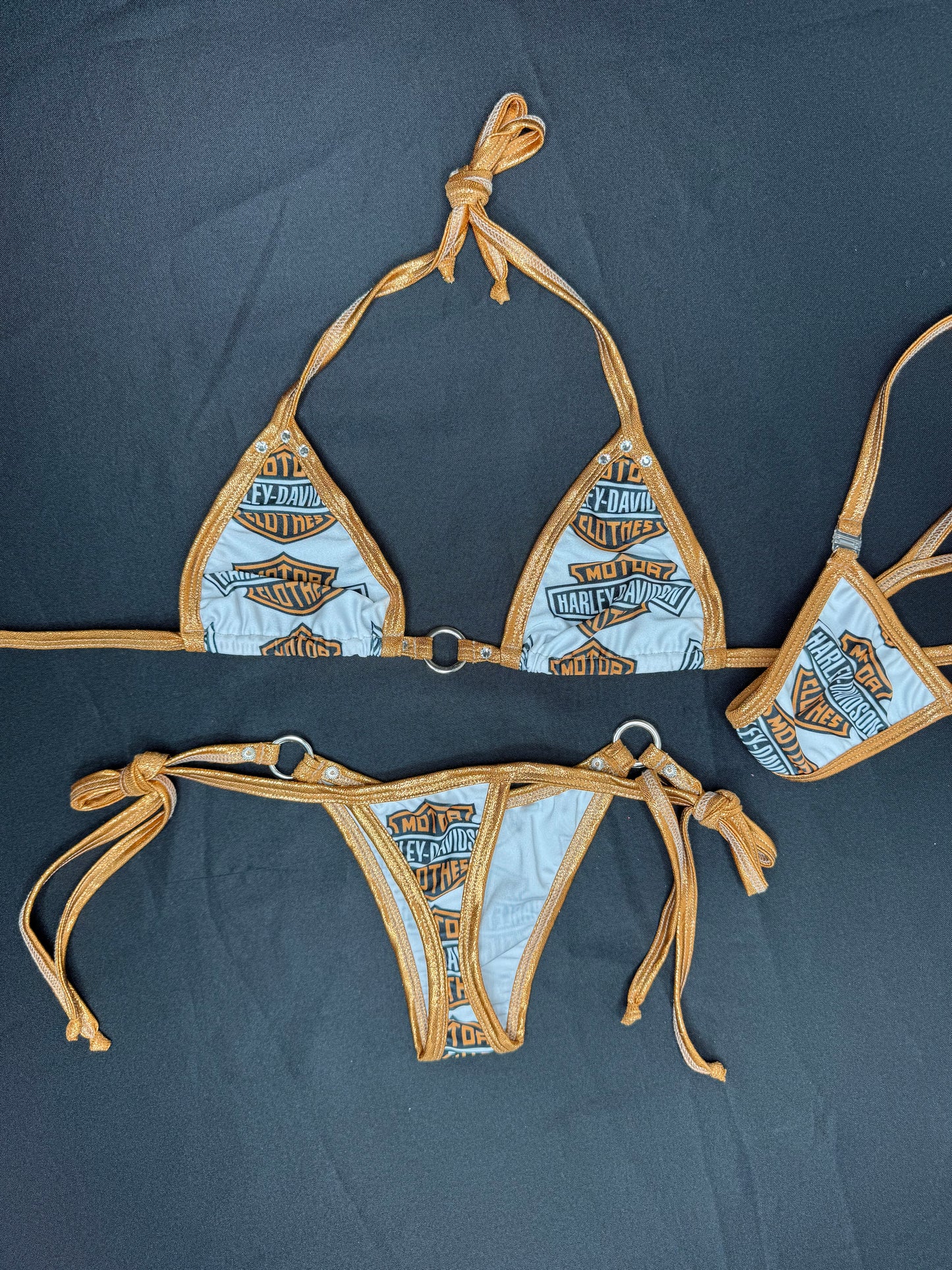 Harley Print/Copper Spandex Two-Piece Side-Tie Bikini Lingerie Outfit