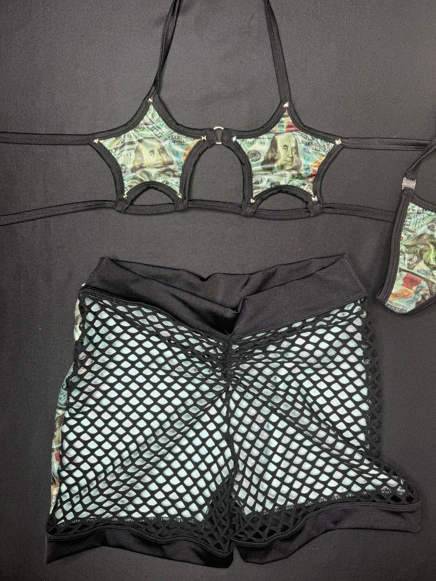 Holographic Money Print Two-Piece Star Bikini Top/Black Fishnet Shorts Lingerie Outfit