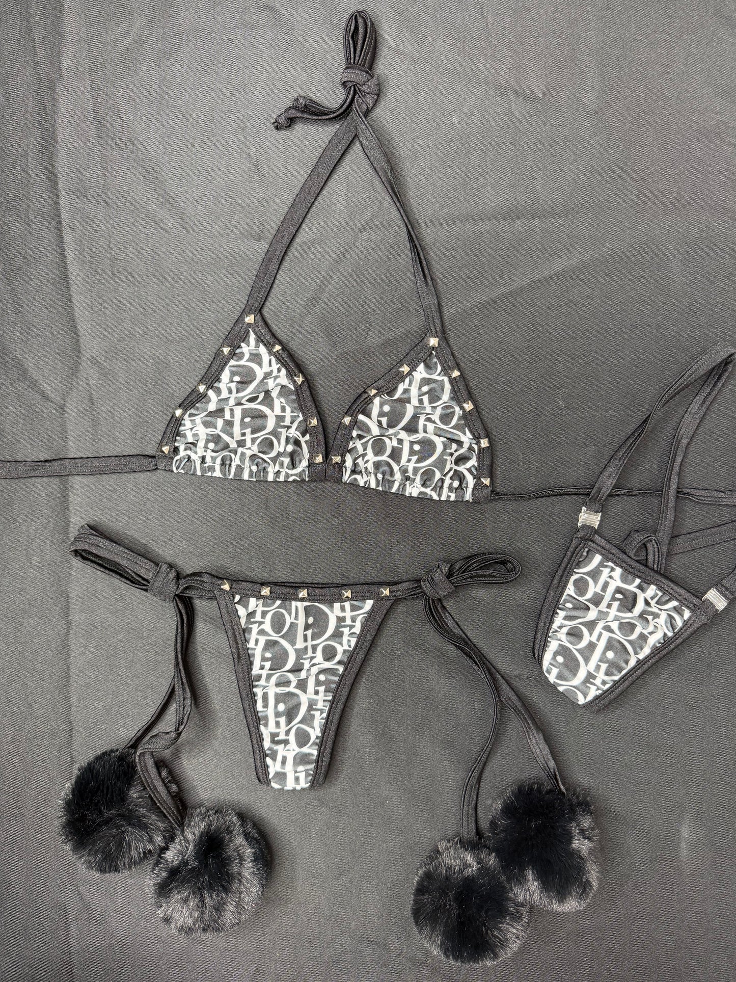 Black Designer Two-Piece Side-Tie Bikini Fur Lingerie Outfit
