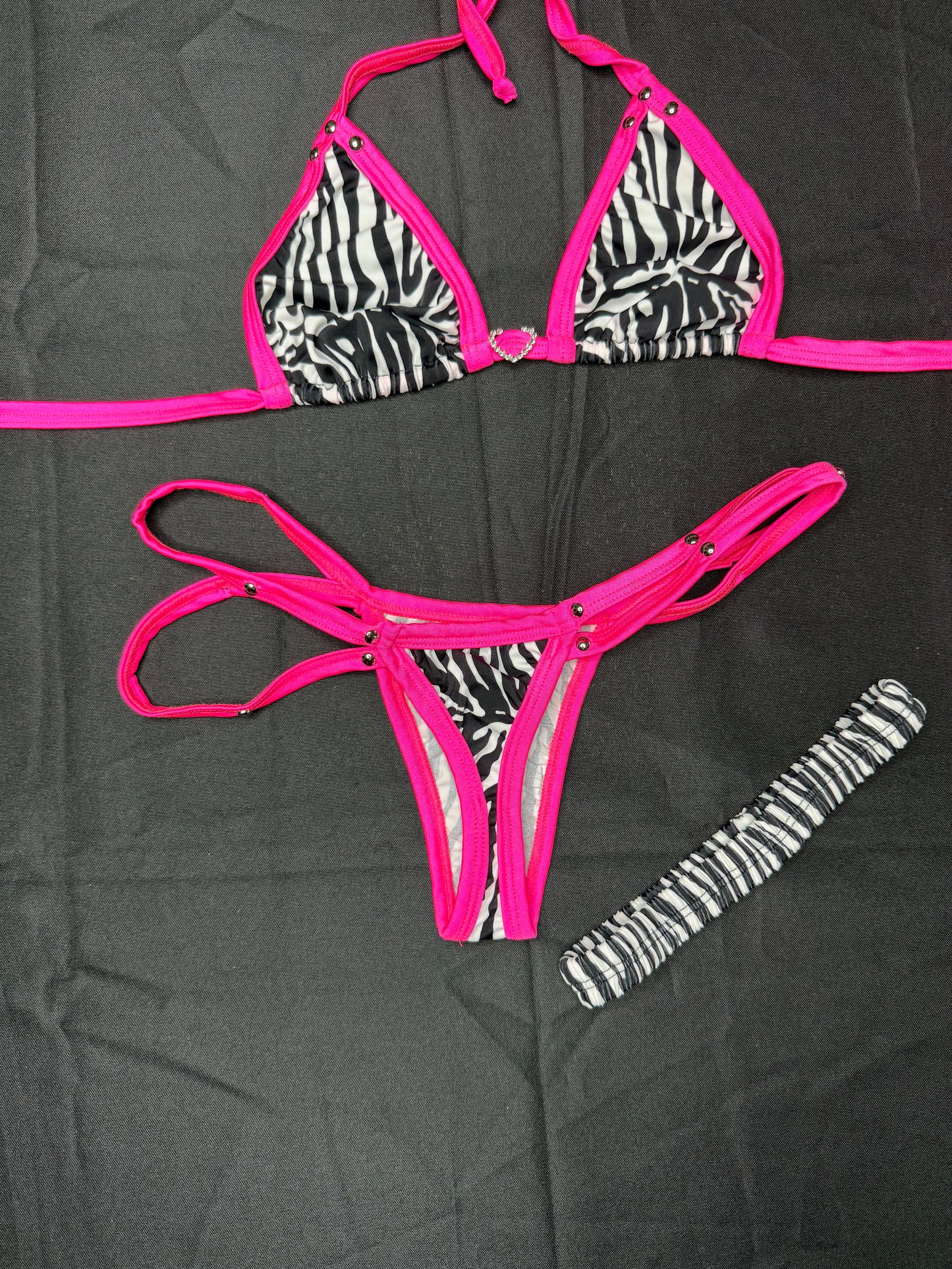Zebra Animal Print/Hot Pink Spandex Two-Piece Lingerie Outfit with Garter