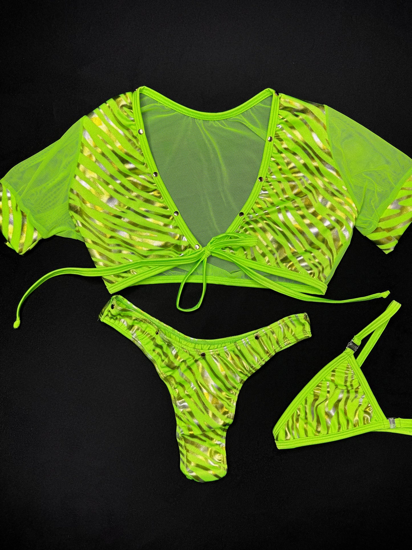 Neon Green Mesh/Neon Green Tiger Stripe Spandex Two-Piece Lingerie Outfit