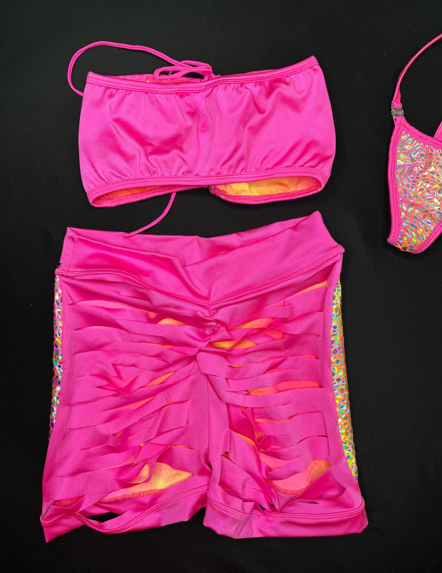 Metallic Pink/Pink Two-Piece Ripped Shorts/Tube Top Lingerie Outfit