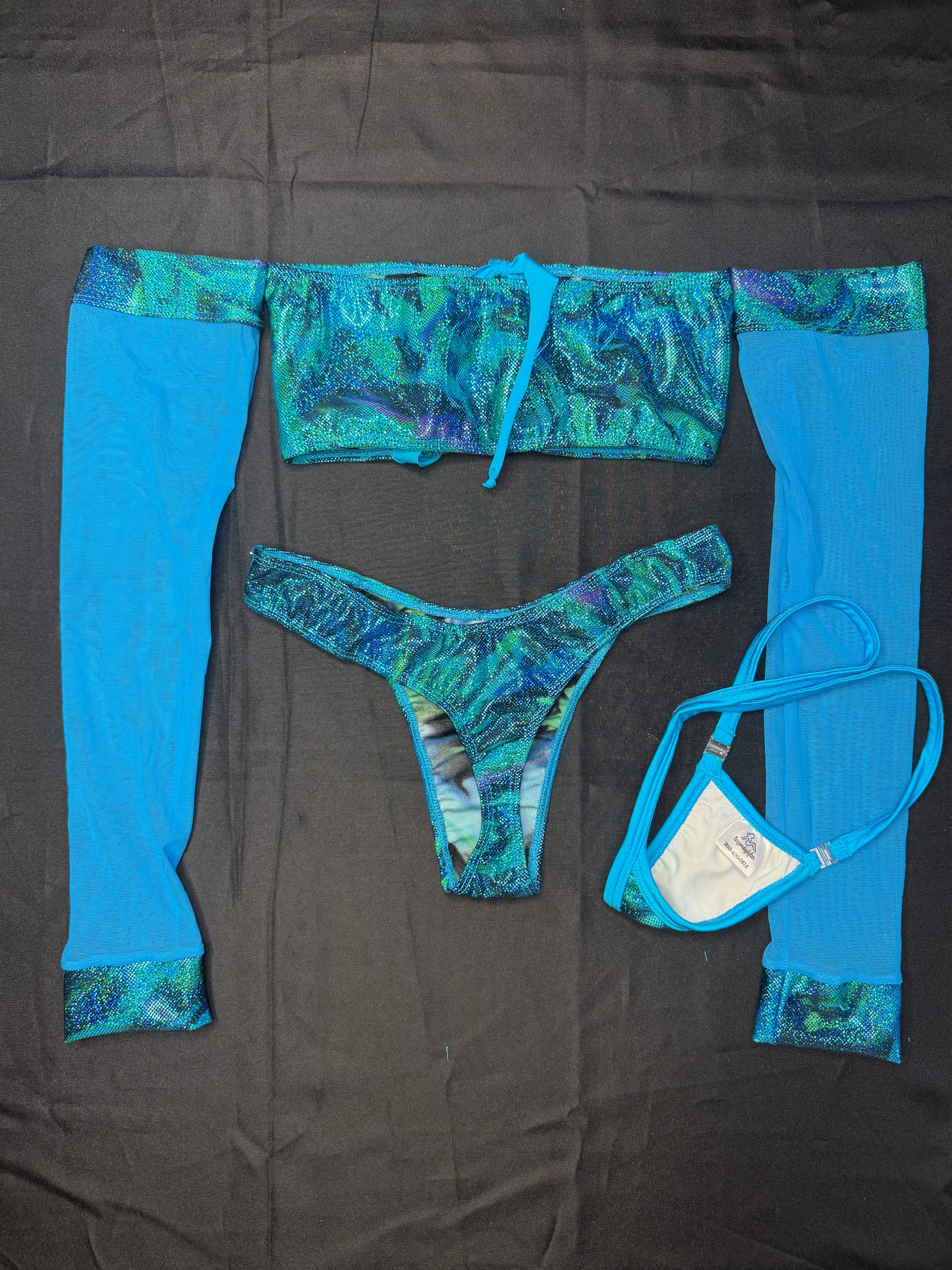 Blue/Cyan Mermaid Long Sleeve Tube Top/Cheeky Thong Two-Piece Lingerie Outfit