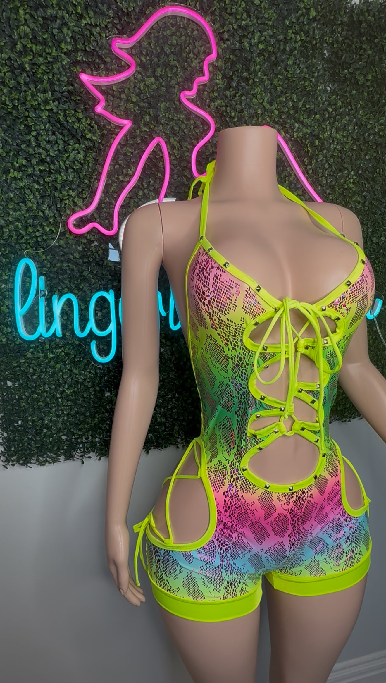Neon Yellow Fishnet Animal Print Spandex Romper Lingerie Outfit