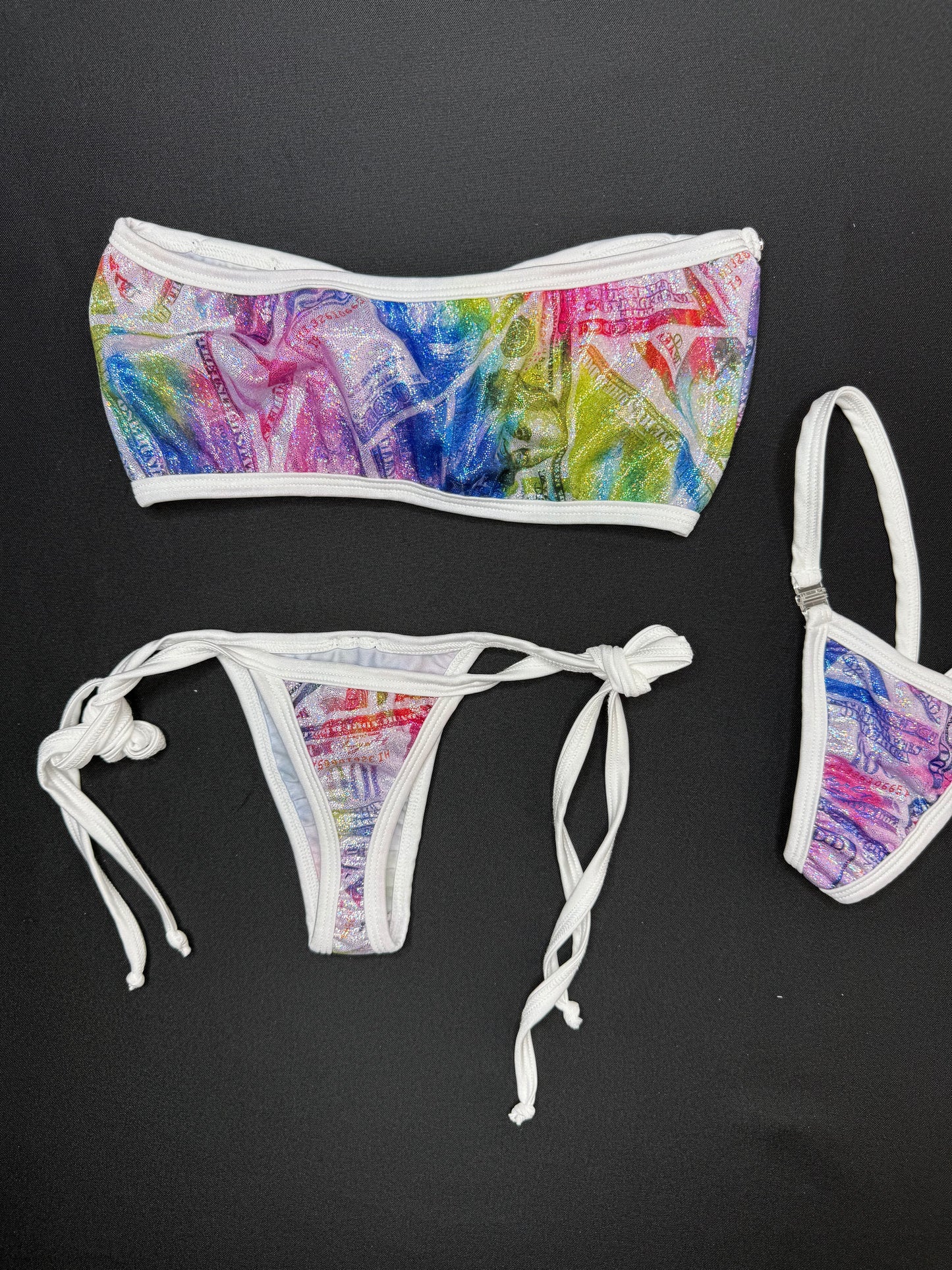 Holographic Rainbow Print/White Spandex Tube-Top Side Tie Bikini Bottoms