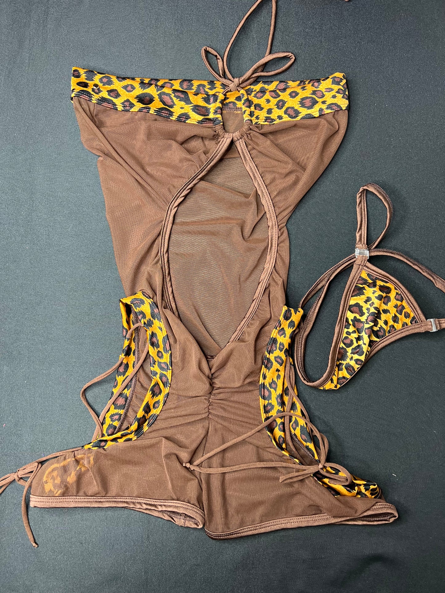 Animal Print/Mocha Mesh Romper One-Piece Lingerie Outfit