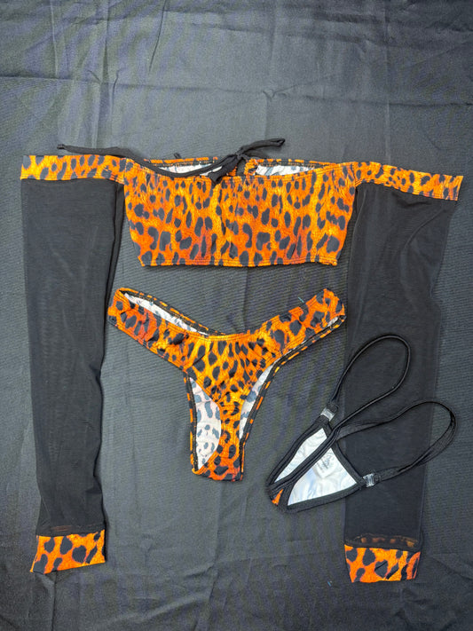 Tiger Animal Print Spandex/Mesh Long Sleeve Tube Top/Cheeky Thong Two-Piece Lingerie Outfit