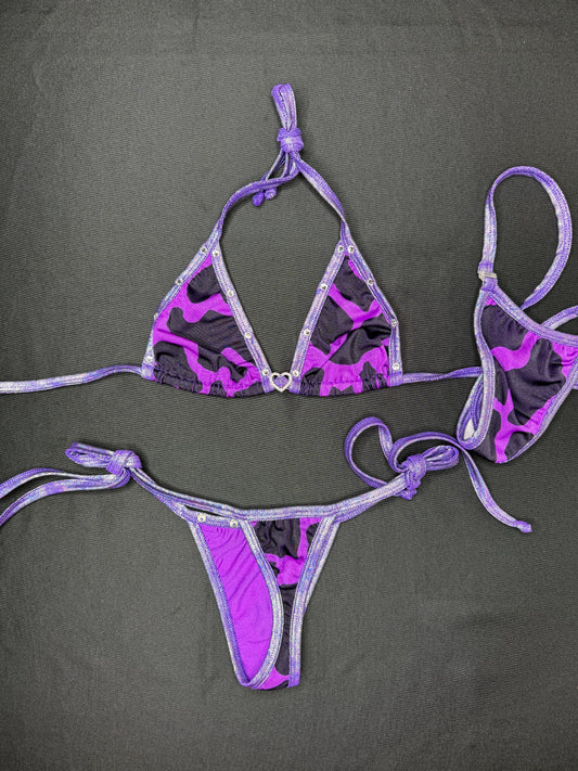 Metallic Purple/Purple Cow Print Two-Piece Side-Tie Bikini Lingerie Outfit