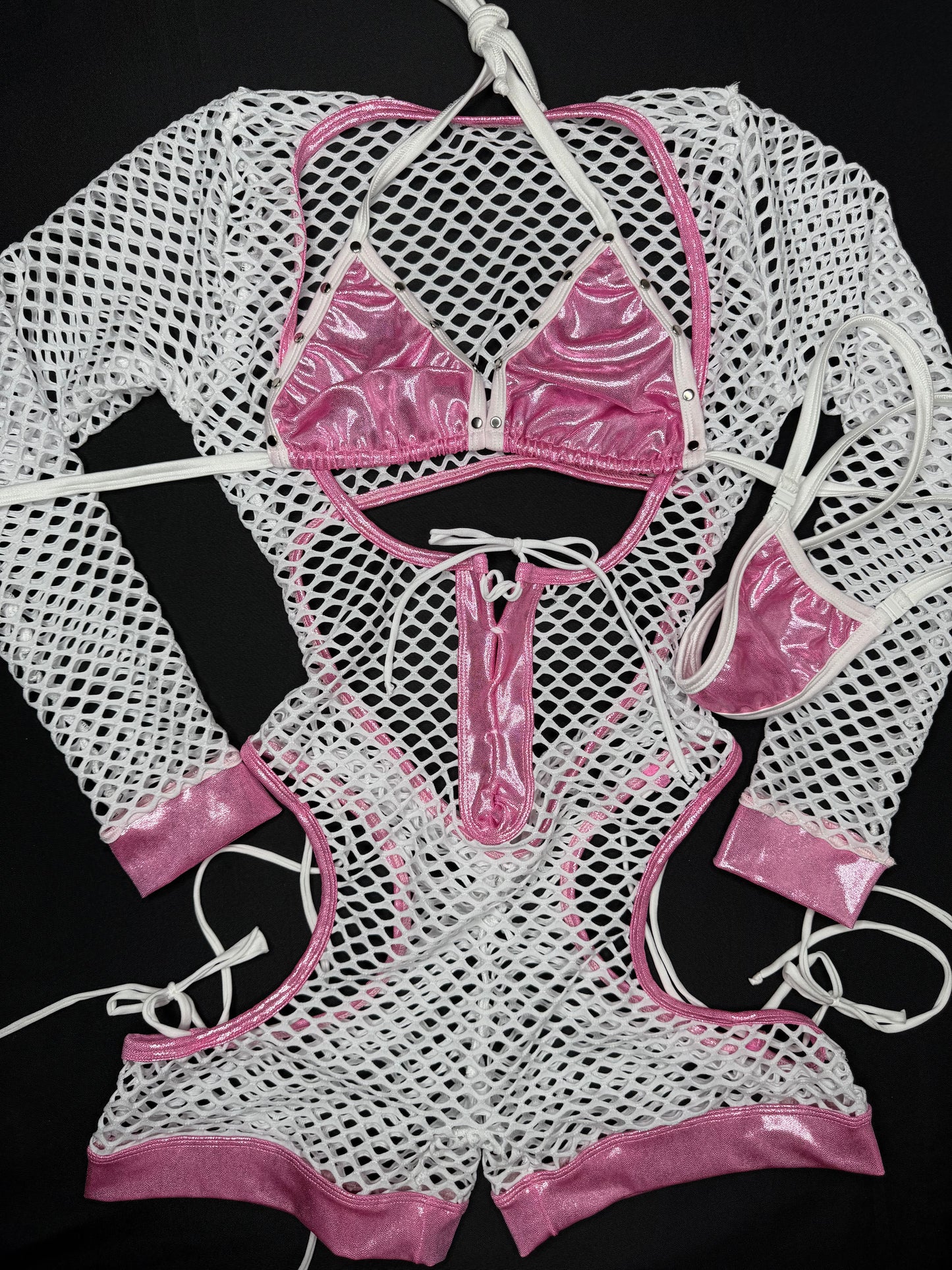 Pink Microdot Spandex/White Fishnet Romper/Bikini Top One-Piece Lingerie Outfit