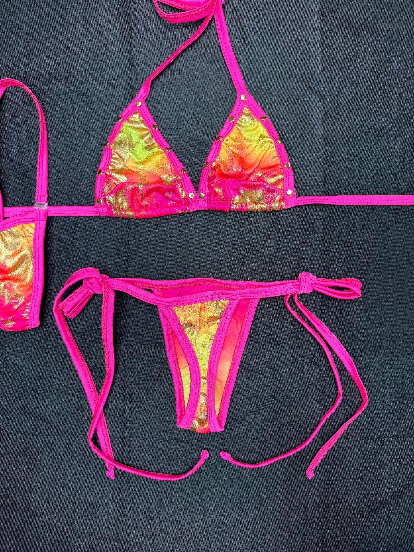 Hot Pink/Yellow Spandex Two-Piece Bikini Lingerie Outfit