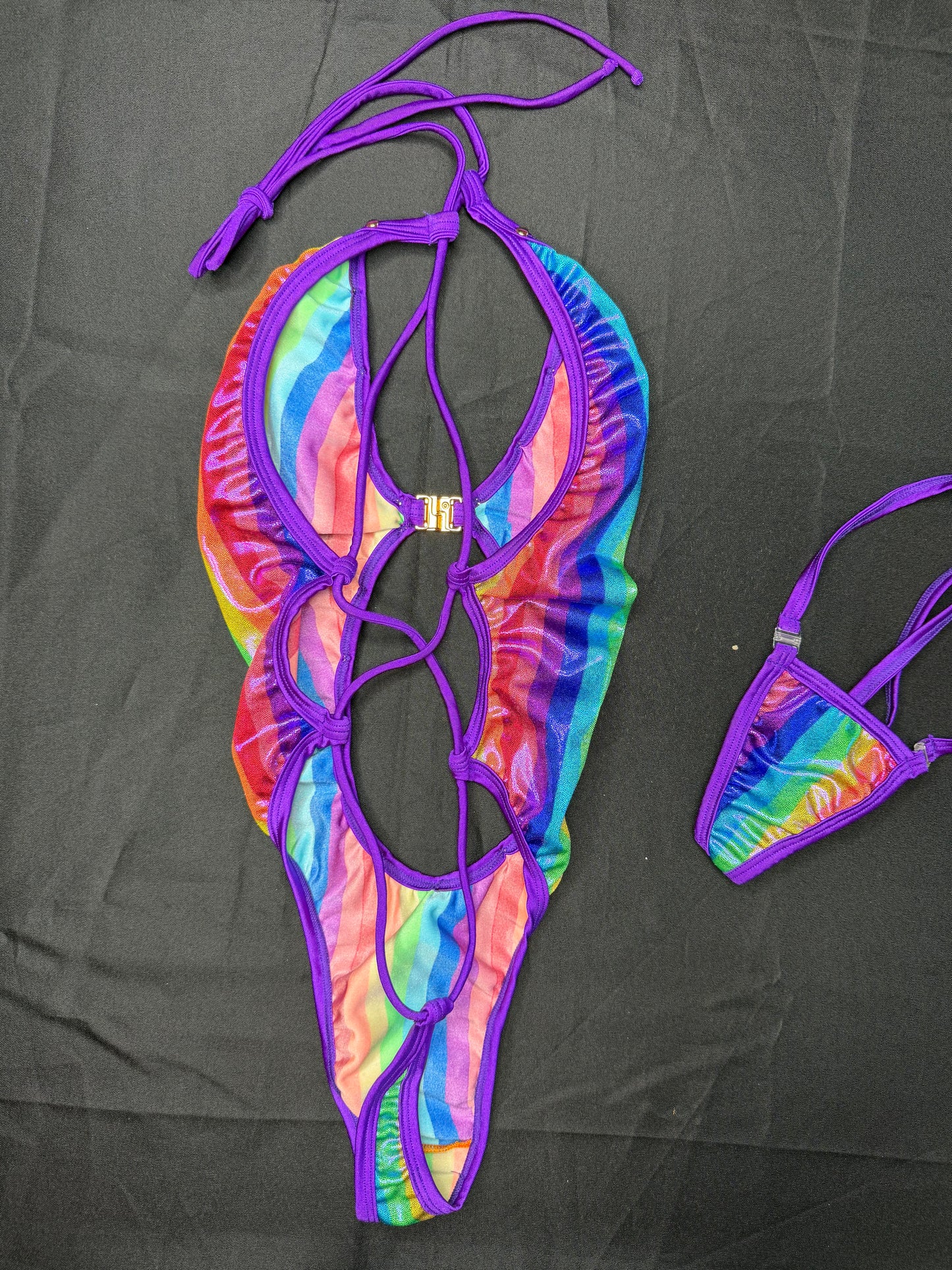 Metallic Rainbow/Purple Spandex One-Piece Lingerie Outfit