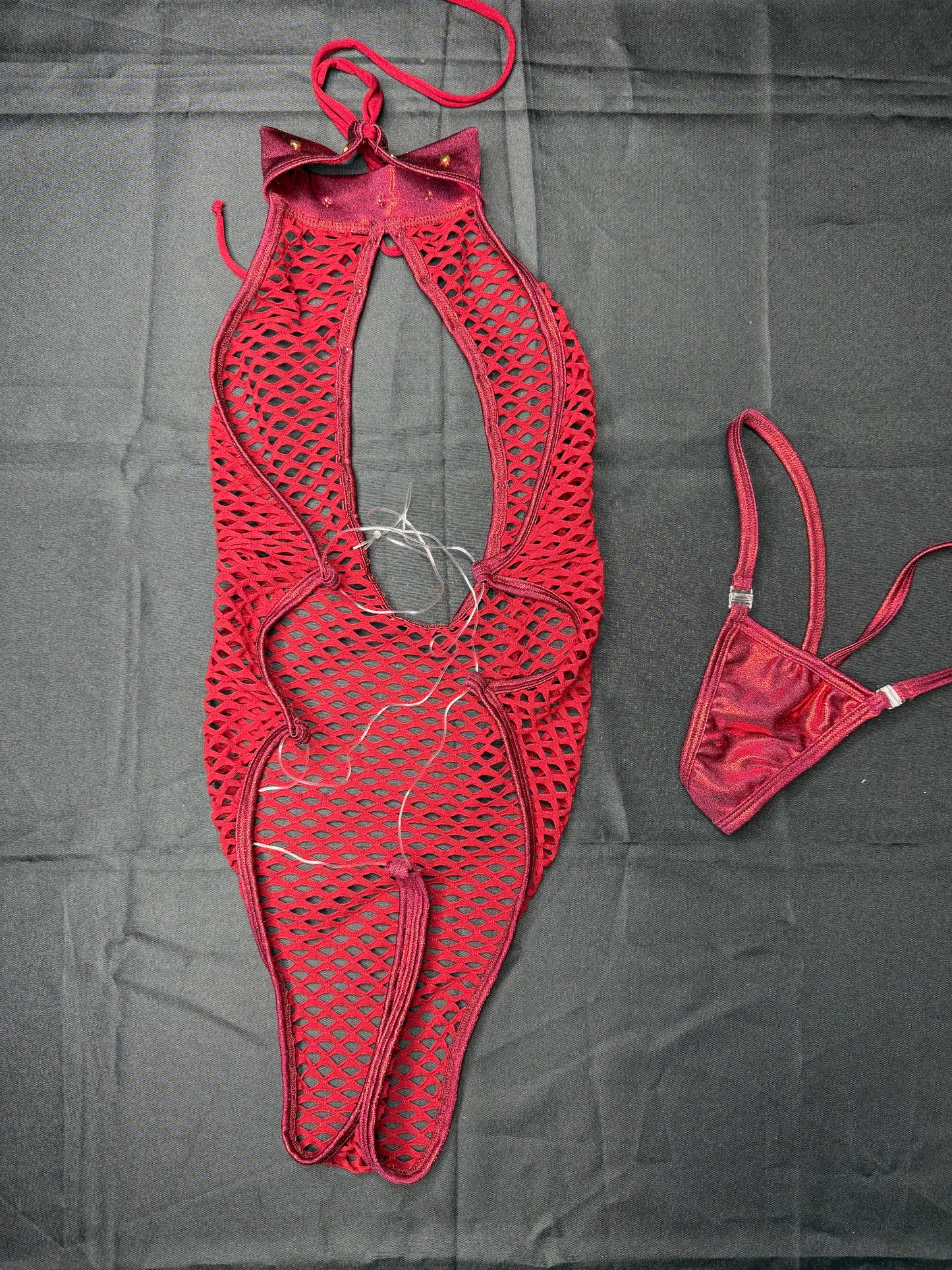 Metallic Burgundy/Fishnet Spandex One-Piece Lingerie Outfit