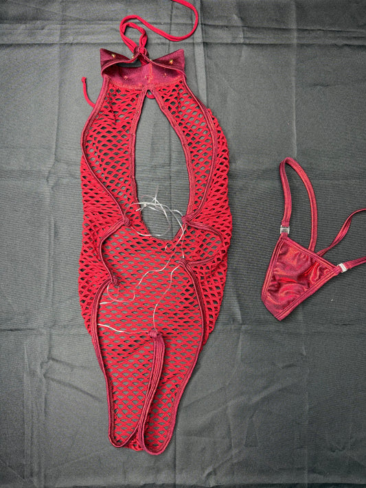 Metallic Burgundy/Fishnet Spandex One-Piece Lingerie Outfit