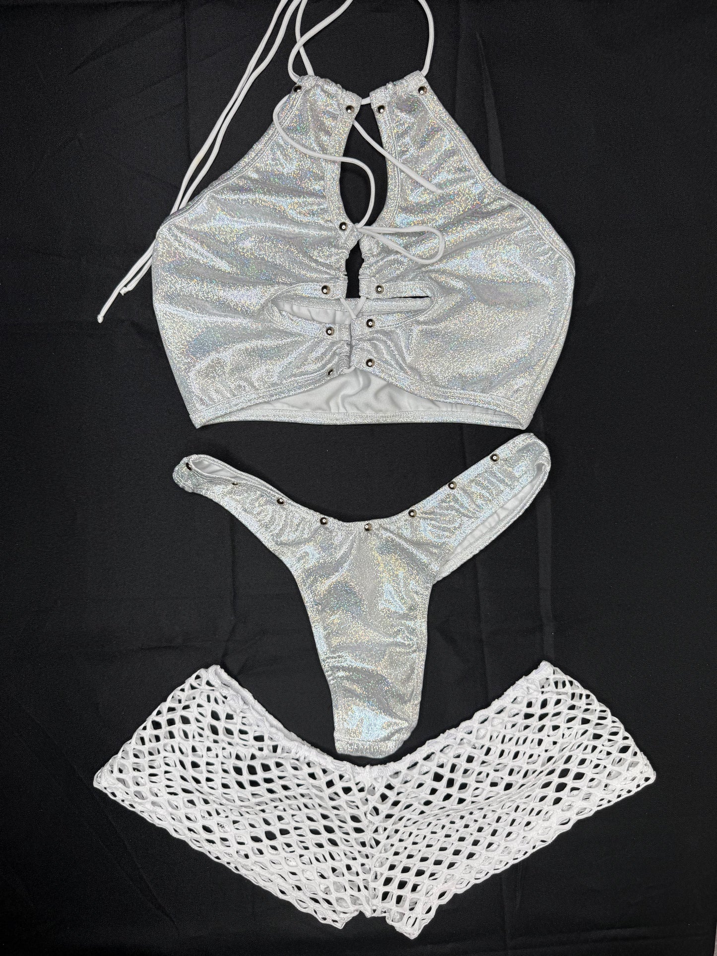 Metallic Silver Spandex Three Piece Lingerie Outfit