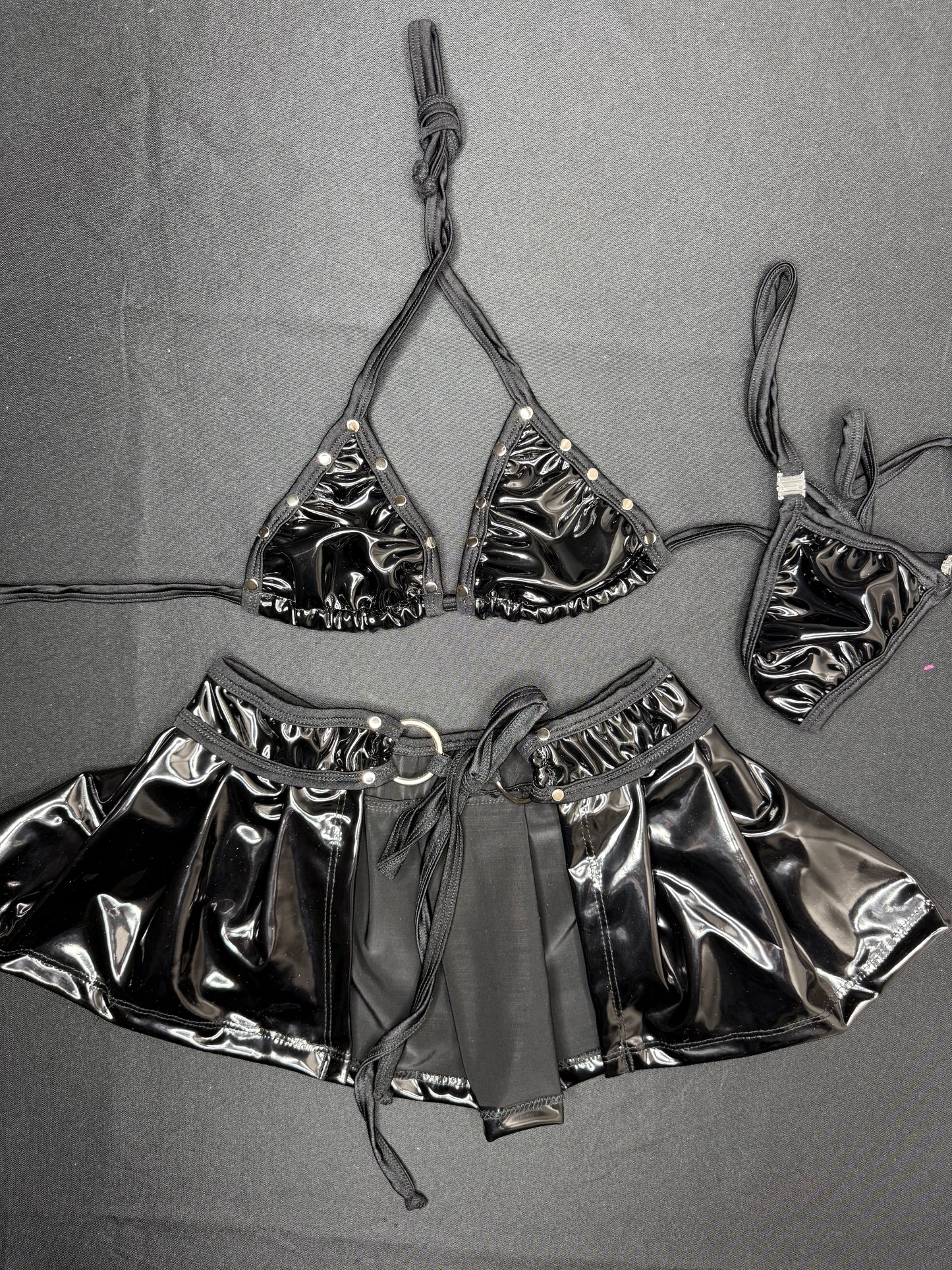 Black Latex Bikini Top/Skirt Two-Piece Lingerie Outfit