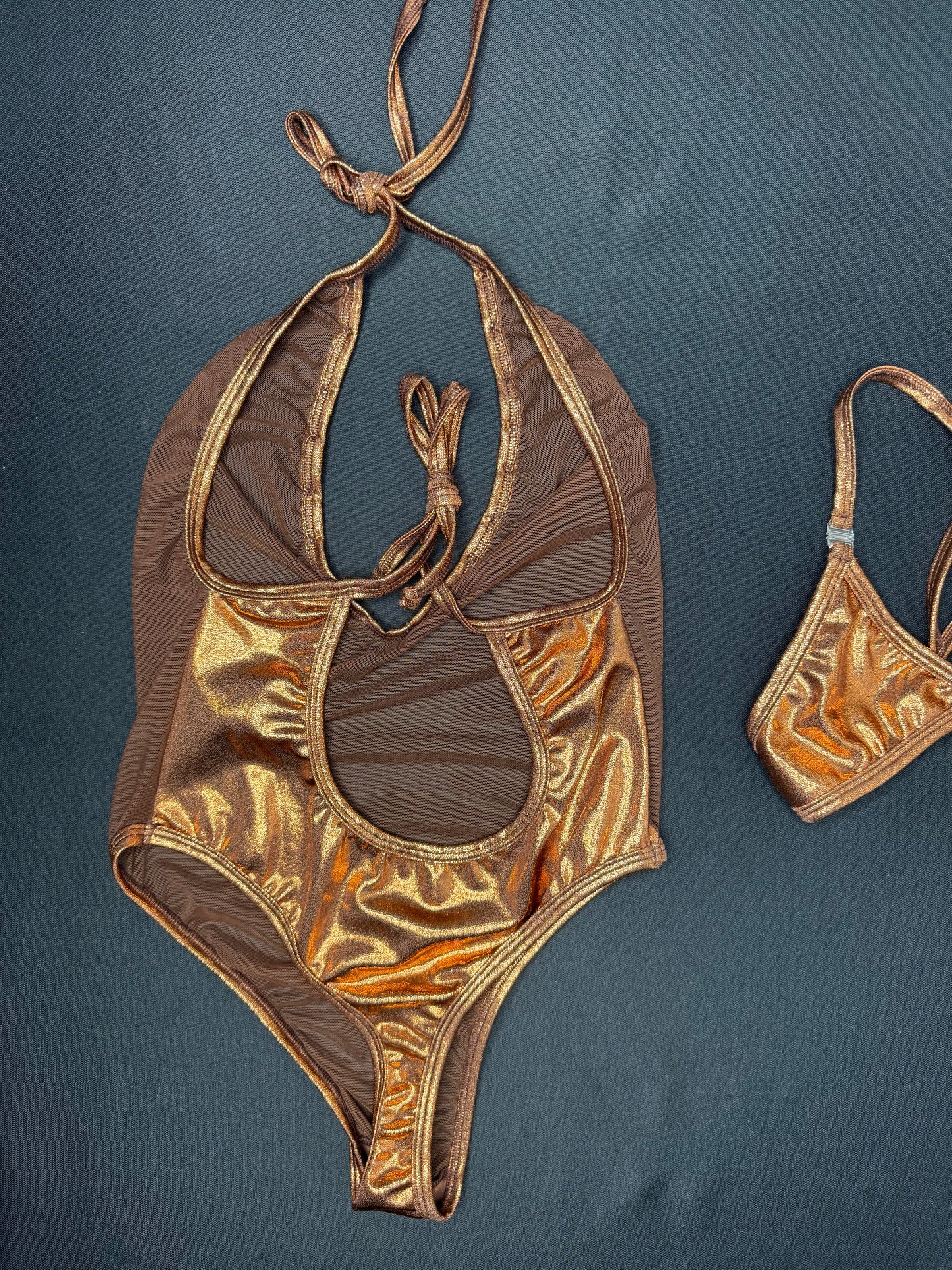 Metallic Chocolate Spandex/Mesh One-Piece Lingerie Outfit