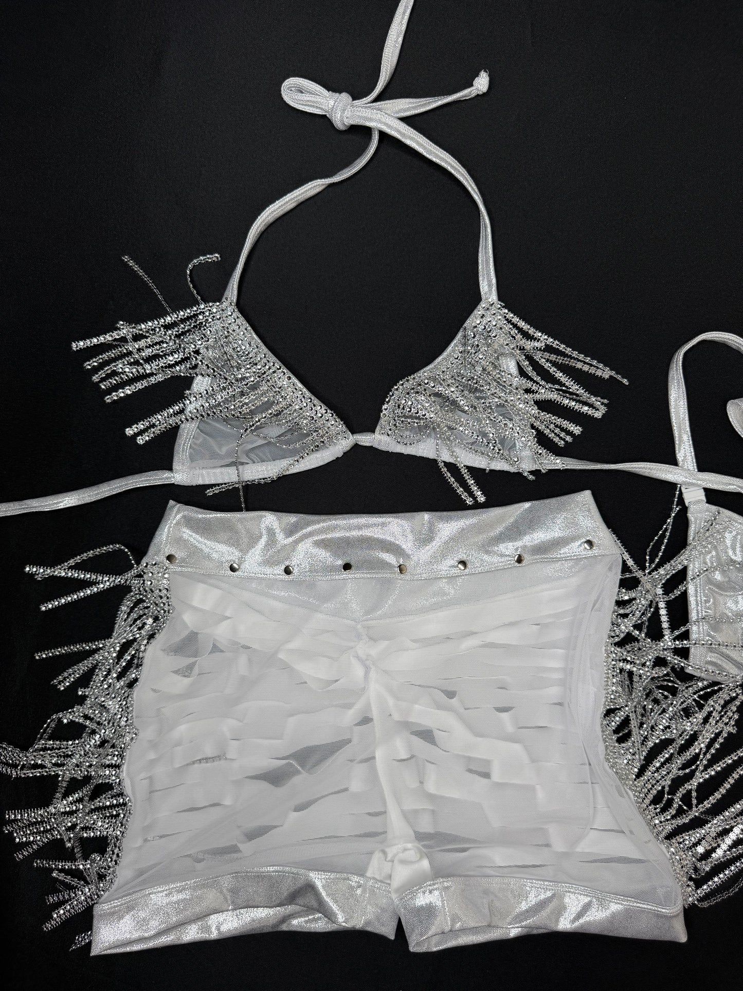 Chrome Spandex/White Mesh Two-Piece Lingerie Outfit