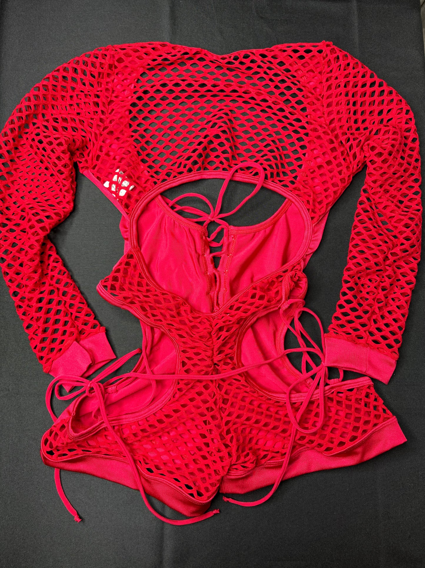 Red Spandex/Fishnet Long Sleeve Bartender Outfit