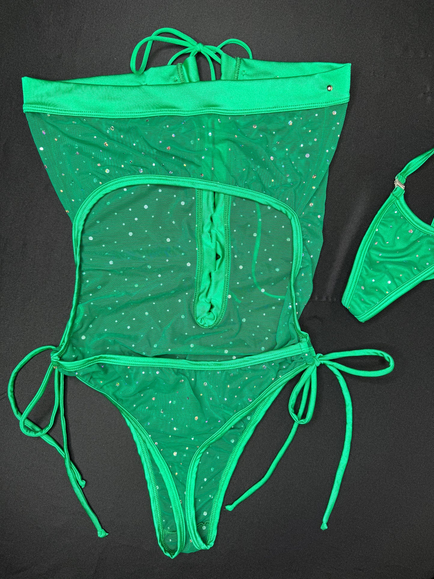 Kelly Green/Hunter Green Sparkle Mesh One-Piece Lingerie Outfit