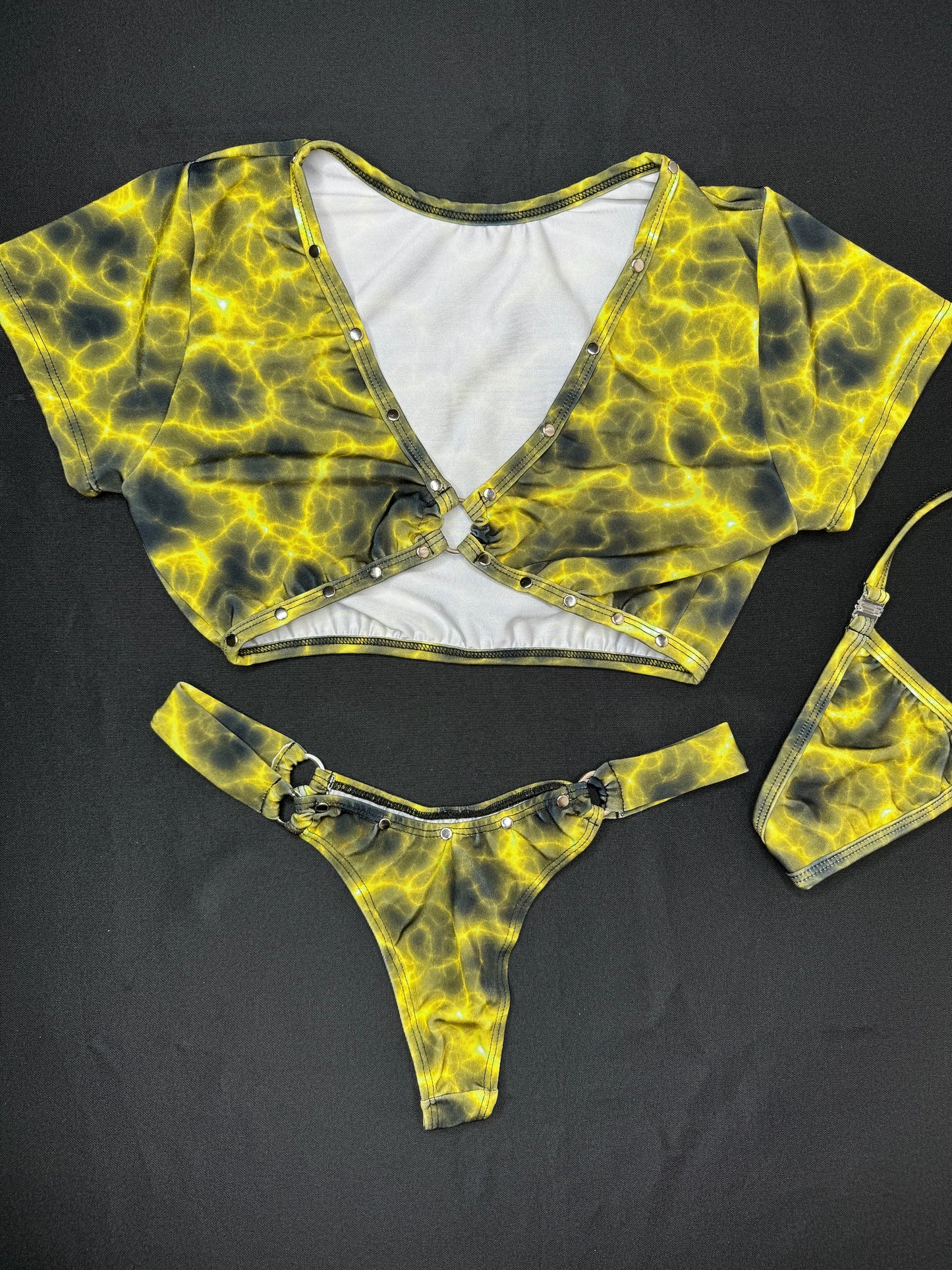 Neon Yellow/Black Short Sleeve/Cheeky Thong Two-Piece Lingerie Outfit