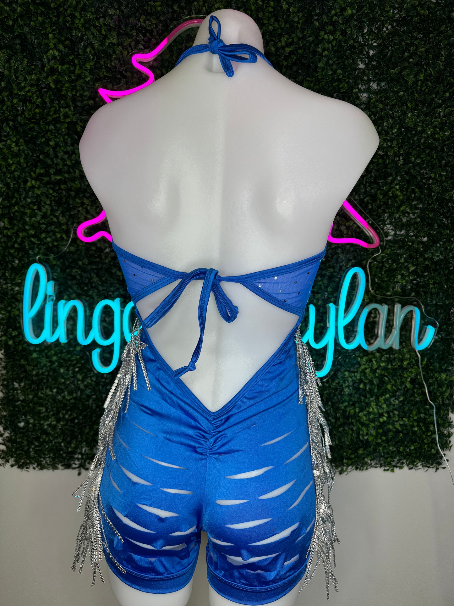 Royal Blue Mesh/Stretch Fabric Chrome Fringe Romper